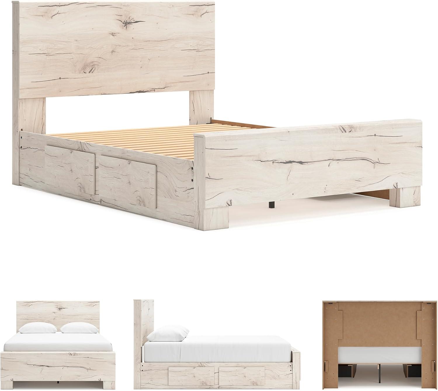 imageSignature Design by Ashley Lawroy King Platform Bed Frame with Four Storage Drawers Panel Headboard and Footboard Reclaimed Oak Look Farmhouse Bedroom Furniture Rustic WhiteFull