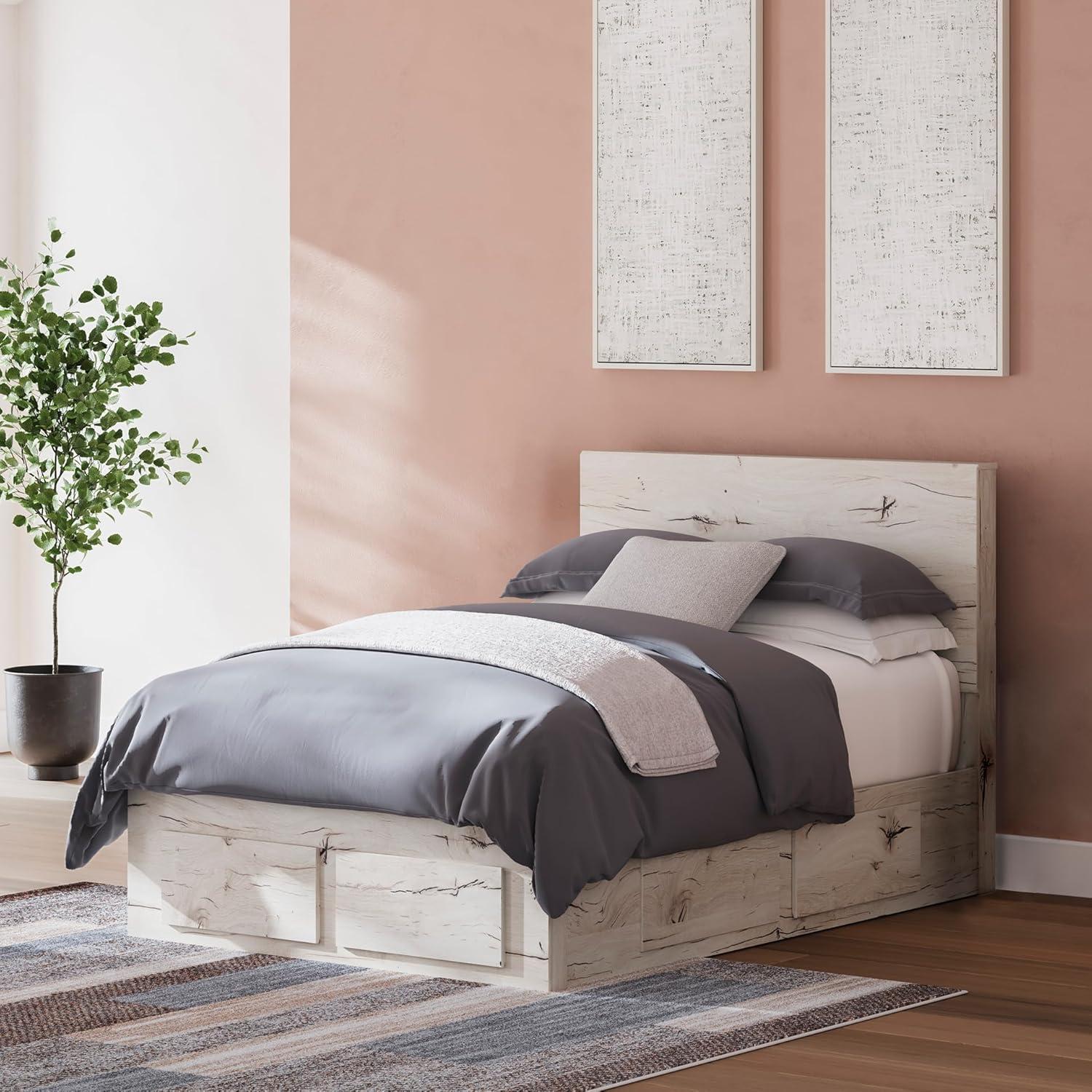 imageSignature Design by Ashley Lawroy King Platform Bed Frame with Four Storage Drawers Panel Headboard and Footboard Reclaimed Oak Look Farmhouse Bedroom Furniture Rustic WhiteFull