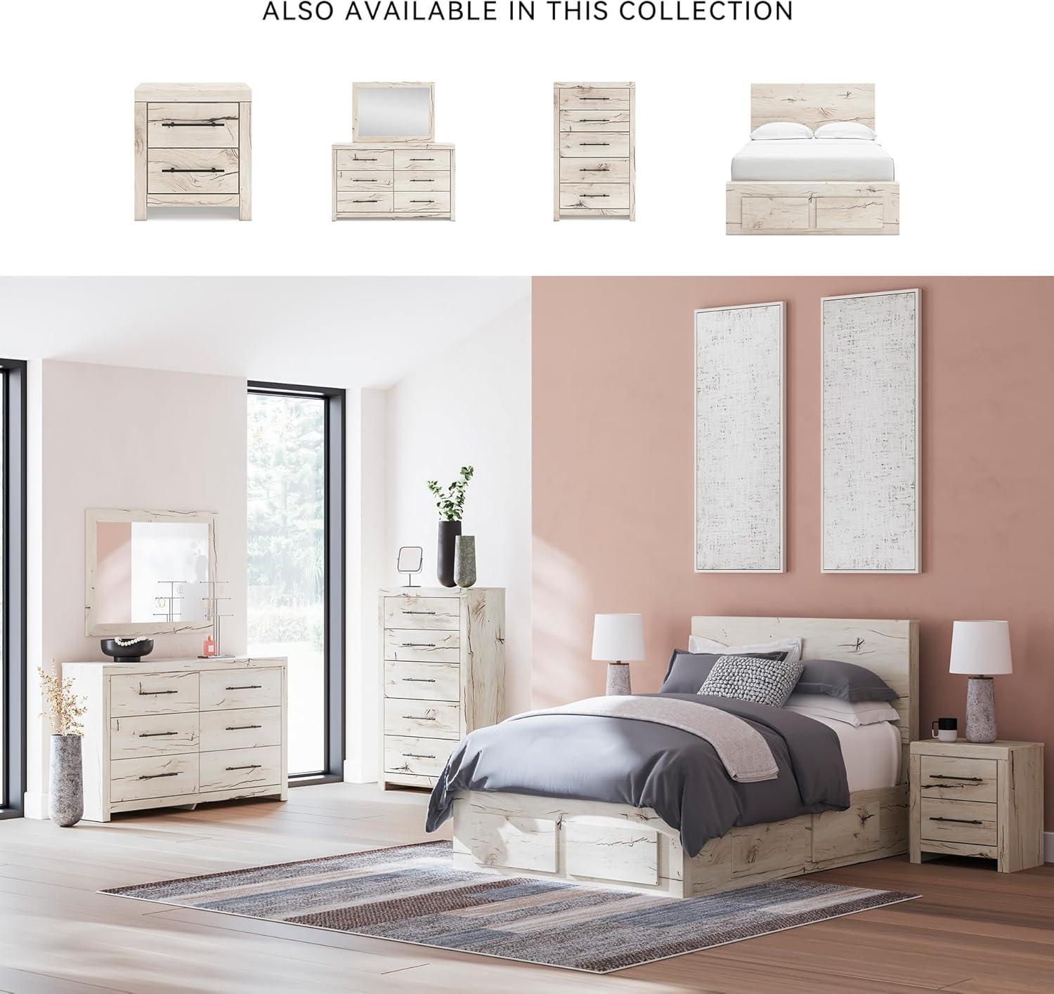 imageSignature Design by Ashley Lawroy King Platform Bed Frame with Four Storage Drawers Panel Headboard and Footboard Reclaimed Oak Look Farmhouse Bedroom Furniture Rustic WhiteFull