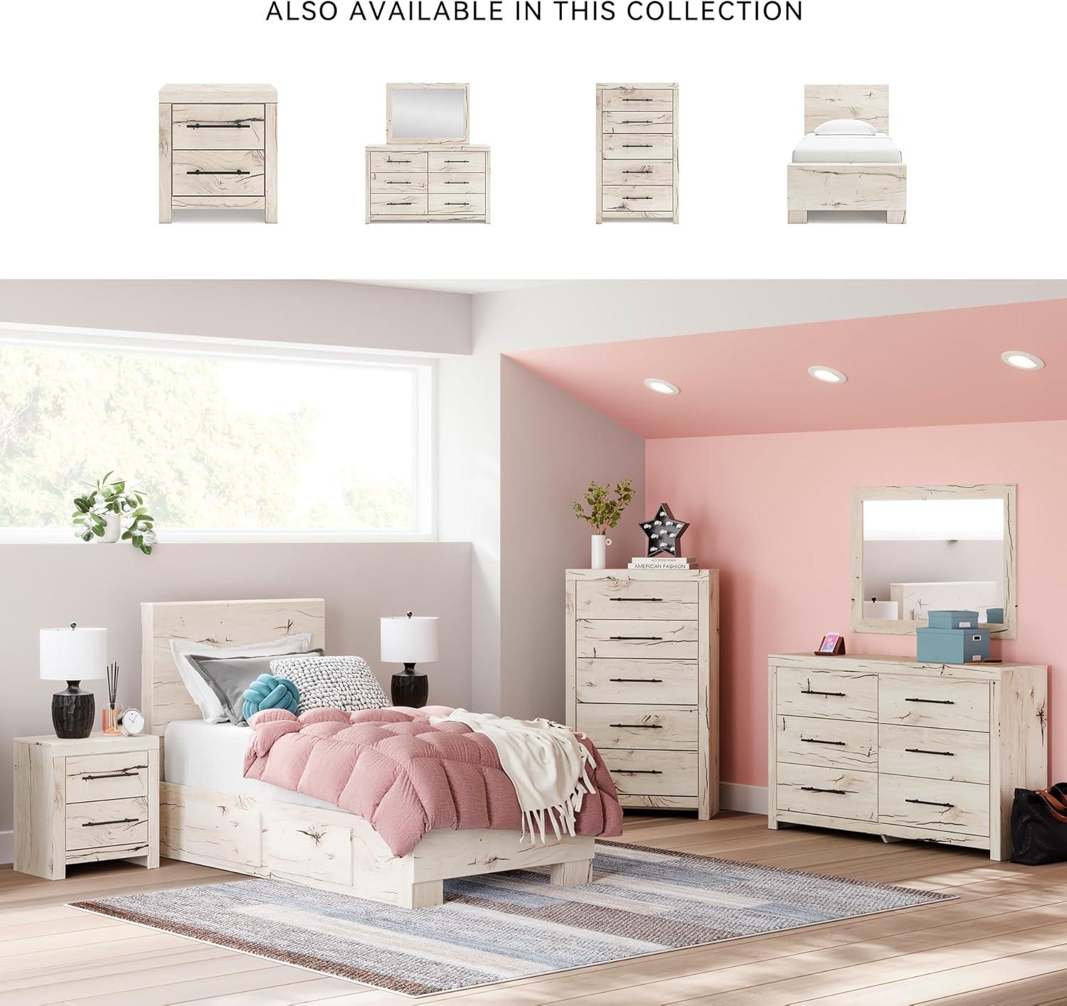 imageSignature Design by Ashley Lawroy King Platform Bed Frame with Four Storage Drawers Panel Headboard and Footboard Reclaimed Oak Look Farmhouse Bedroom Furniture Rustic WhiteTwin