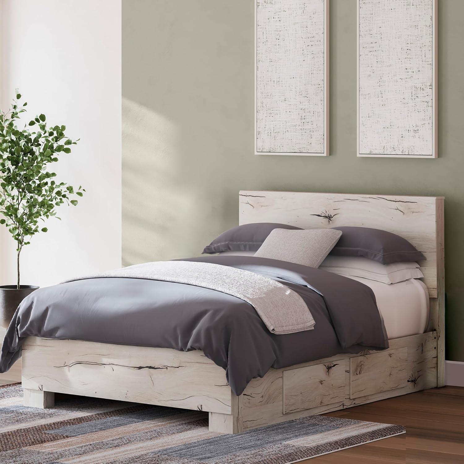 imageSignature Design by Ashley Lawroy King Platform Bed Frame with Four Storage Drawers Panel Headboard and Footboard Reclaimed Oak Look Farmhouse Bedroom Furniture Rustic WhiteFull