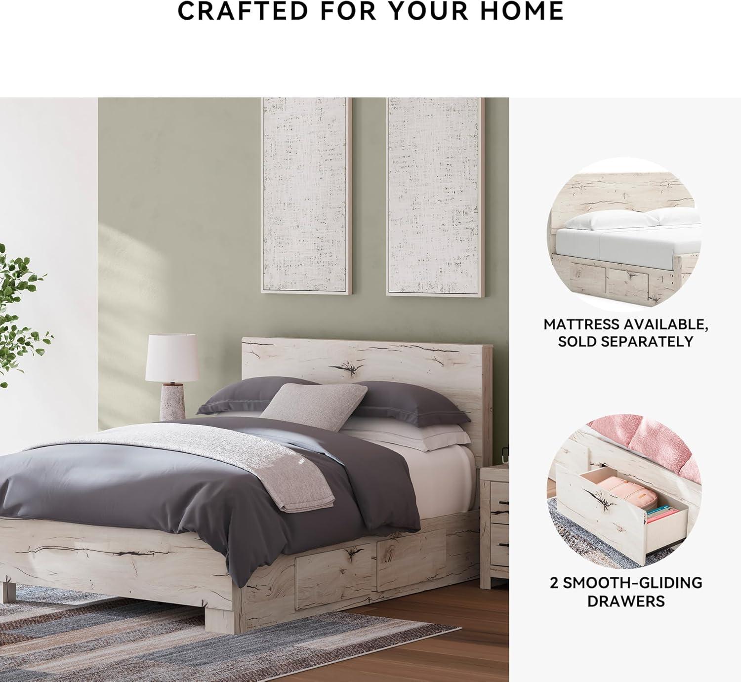 imageSignature Design by Ashley Lawroy King Platform Bed Frame with Four Storage Drawers Panel Headboard and Footboard Reclaimed Oak Look Farmhouse Bedroom Furniture Rustic WhiteFull