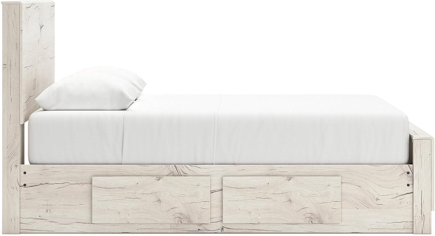 imageSignature Design by Ashley Lawroy King Platform Bed Frame with Four Storage Drawers Panel Headboard and Footboard Reclaimed Oak Look Farmhouse Bedroom Furniture Rustic WhiteFull