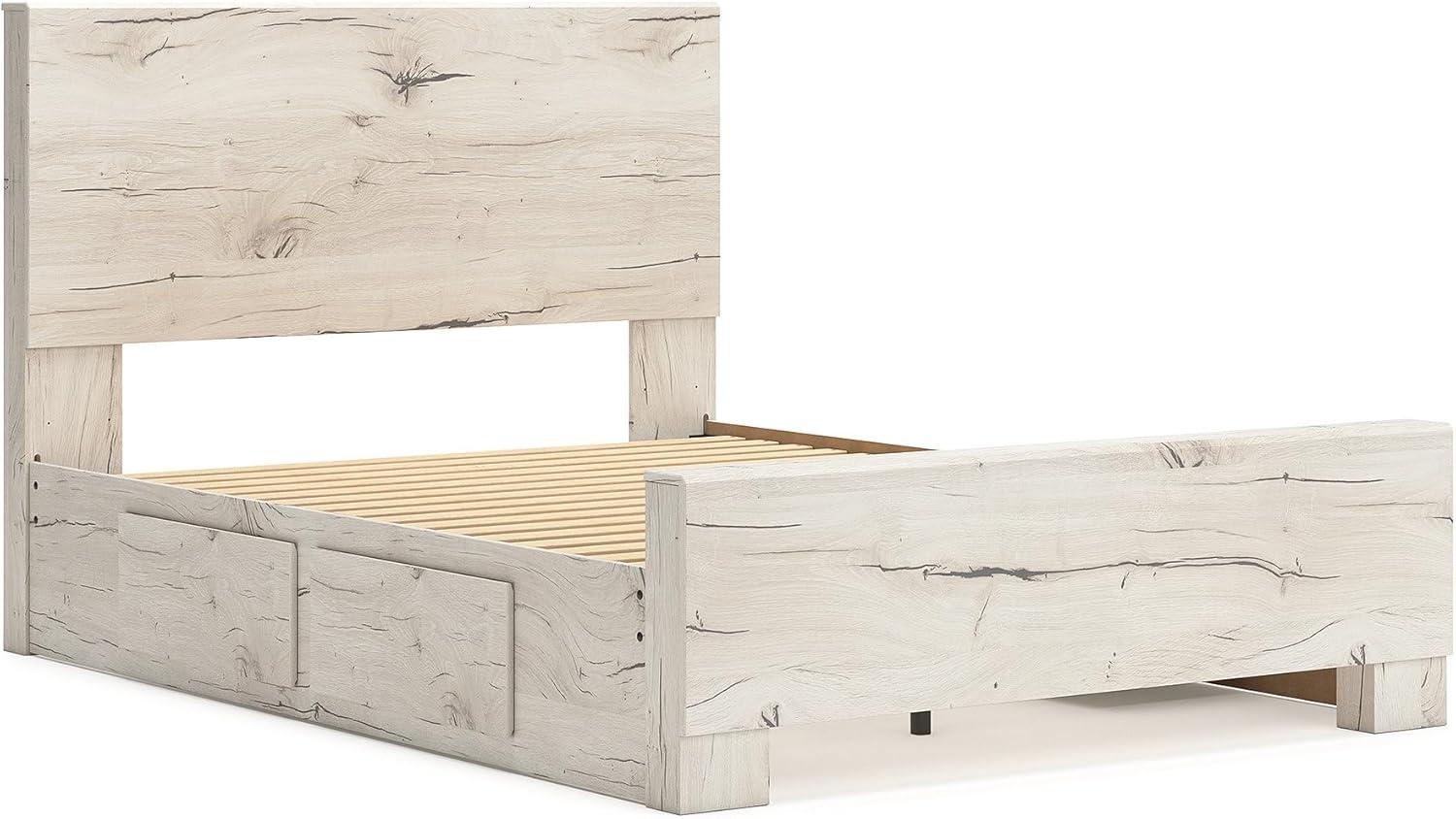 imageSignature Design by Ashley Lawroy King Platform Bed Frame with Four Storage Drawers Panel Headboard and Footboard Reclaimed Oak Look Farmhouse Bedroom Furniture Rustic WhiteFull