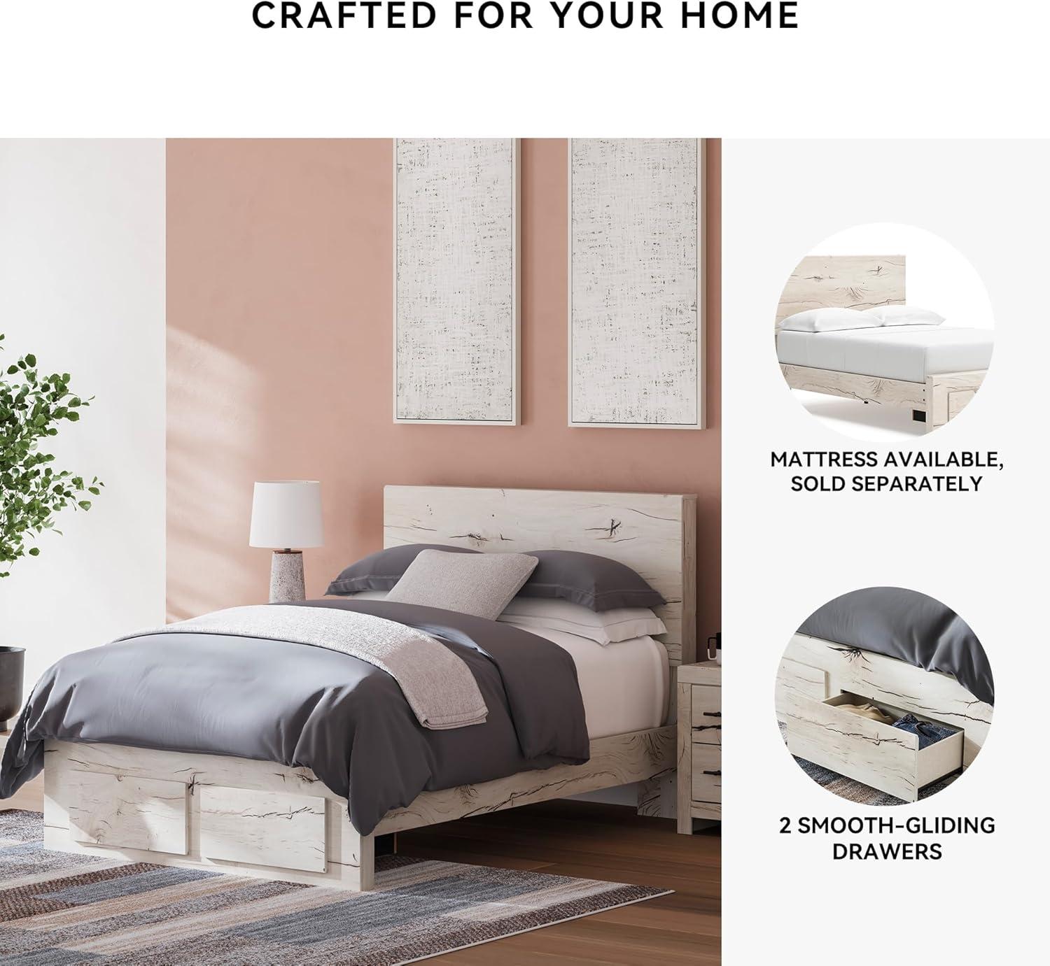 imageSignature Design by Ashley Lawroy King Platform Bed Frame with Four Storage Drawers Panel Headboard and Footboard Reclaimed Oak Look Farmhouse Bedroom Furniture Rustic WhiteFull