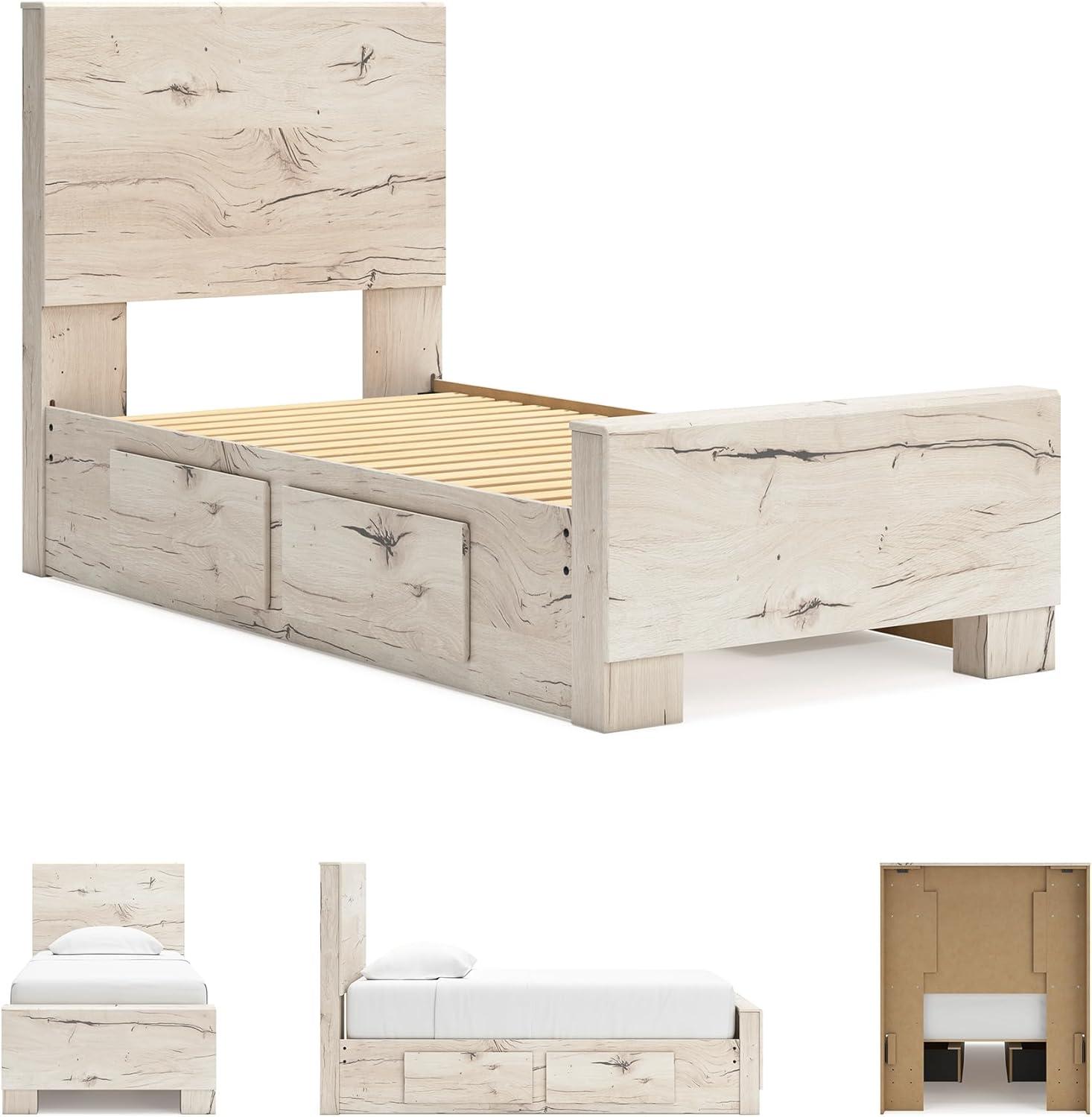 imageSignature Design by Ashley Lawroy King Platform Bed Frame with Four Storage Drawers Panel Headboard and Footboard Reclaimed Oak Look Farmhouse Bedroom Furniture Rustic WhiteTwin