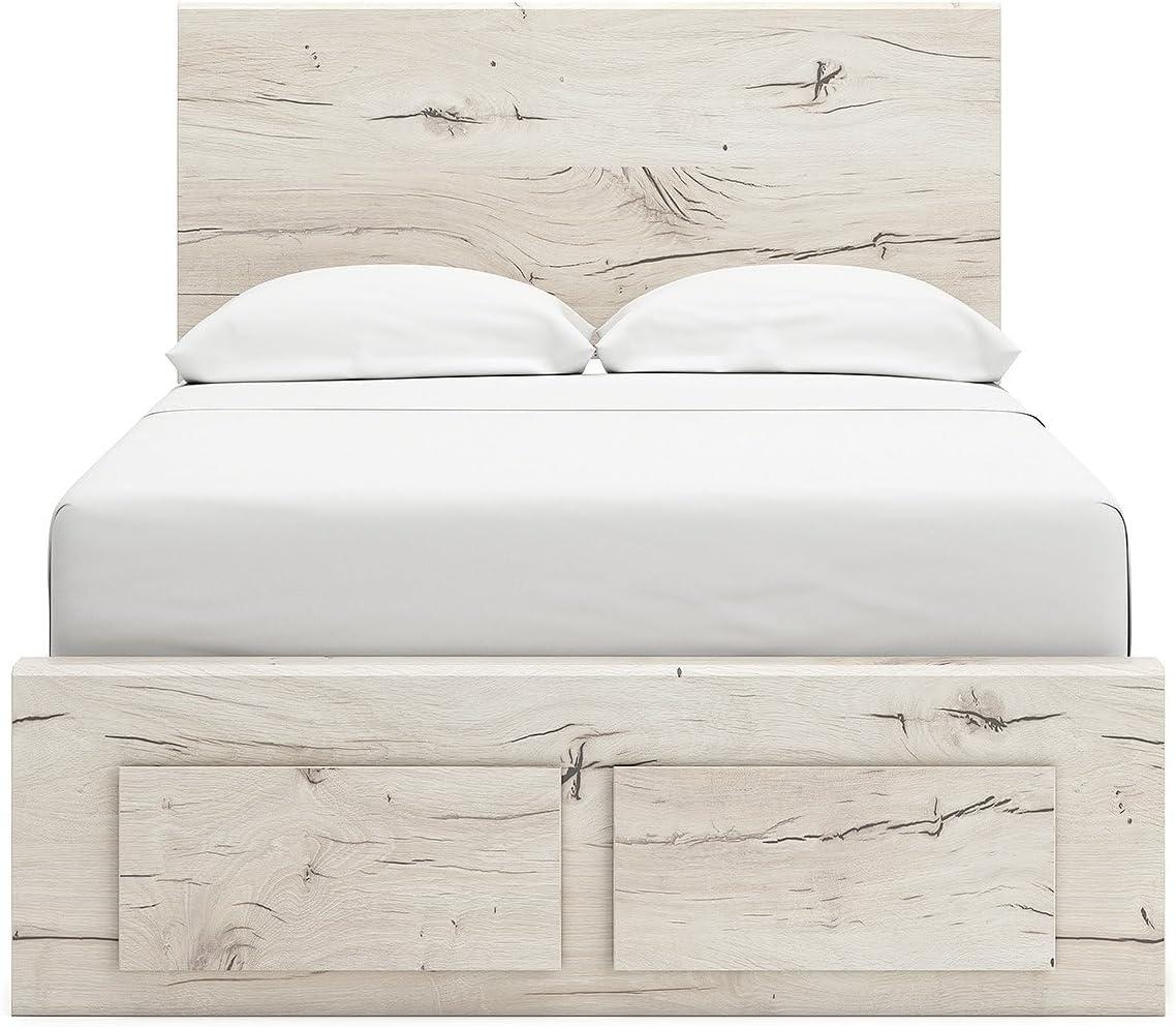 imageSignature Design by Ashley Lawroy King Platform Bed Frame with Four Storage Drawers Panel Headboard and Footboard Reclaimed Oak Look Farmhouse Bedroom Furniture Rustic WhiteFull