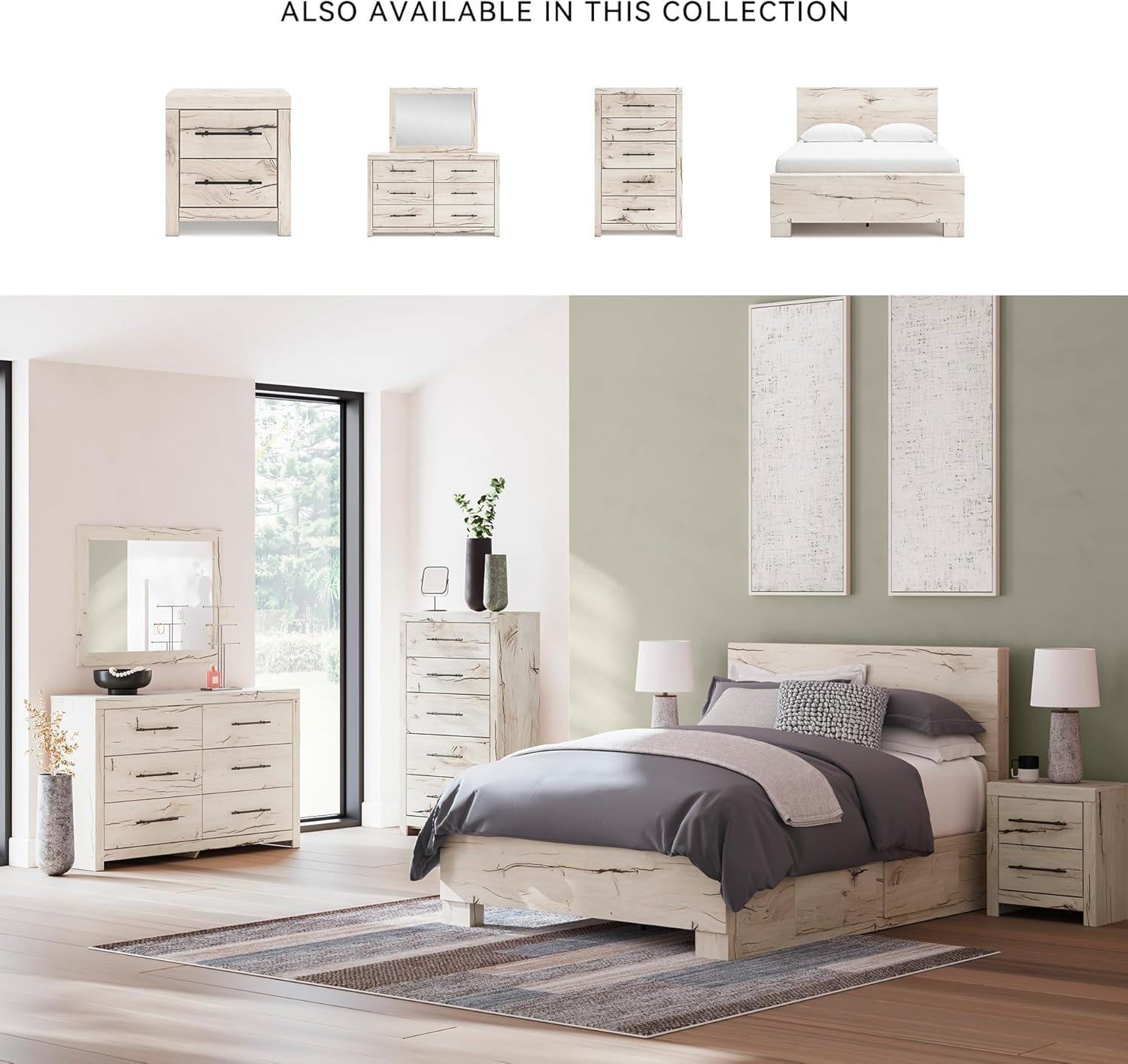imageSignature Design by Ashley Lawroy King Platform Bed Frame with Four Storage Drawers Panel Headboard and Footboard Reclaimed Oak Look Farmhouse Bedroom Furniture Rustic WhiteFull