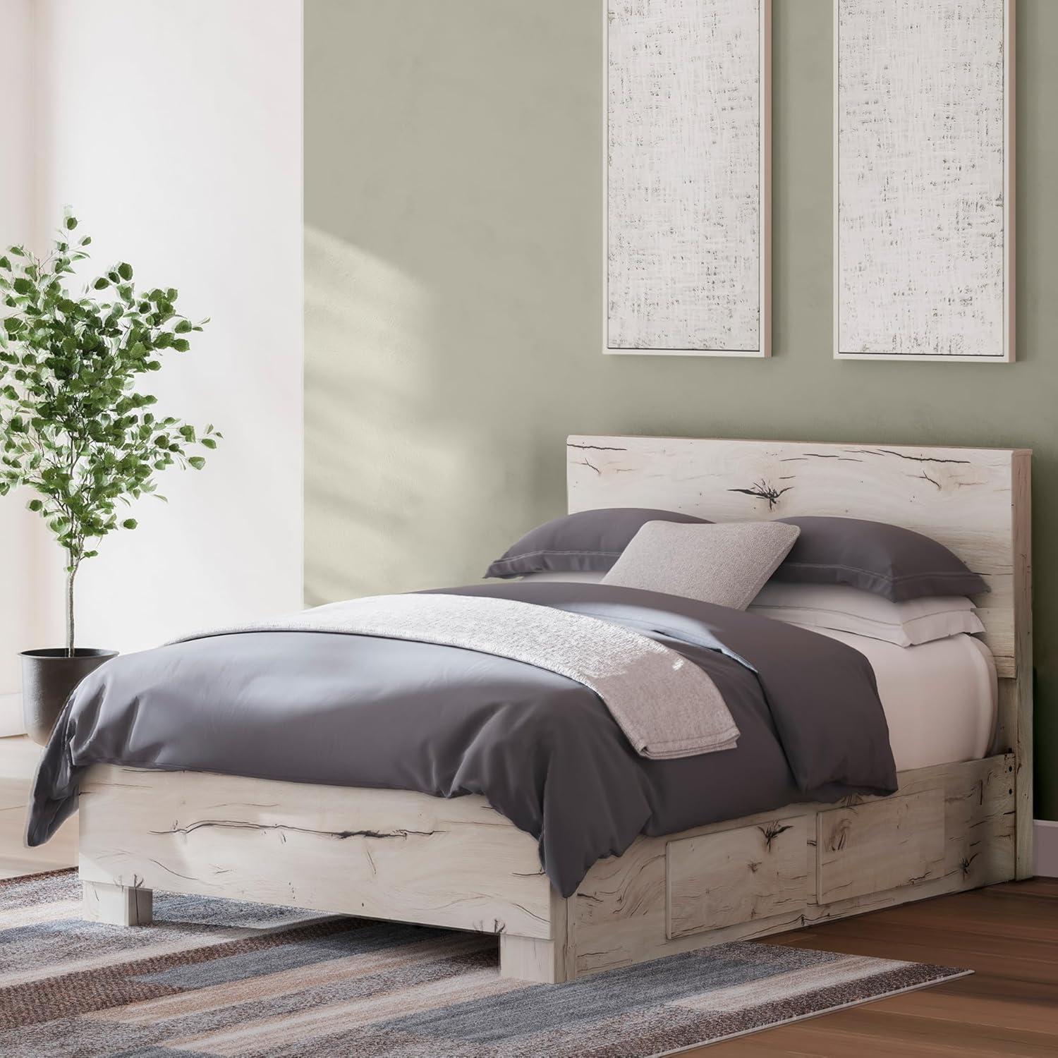 imageSignature Design by Ashley Lawroy King Platform Bed Frame with Four Storage Drawers Panel Headboard and Footboard Reclaimed Oak Look Farmhouse Bedroom Furniture Rustic WhiteFull
