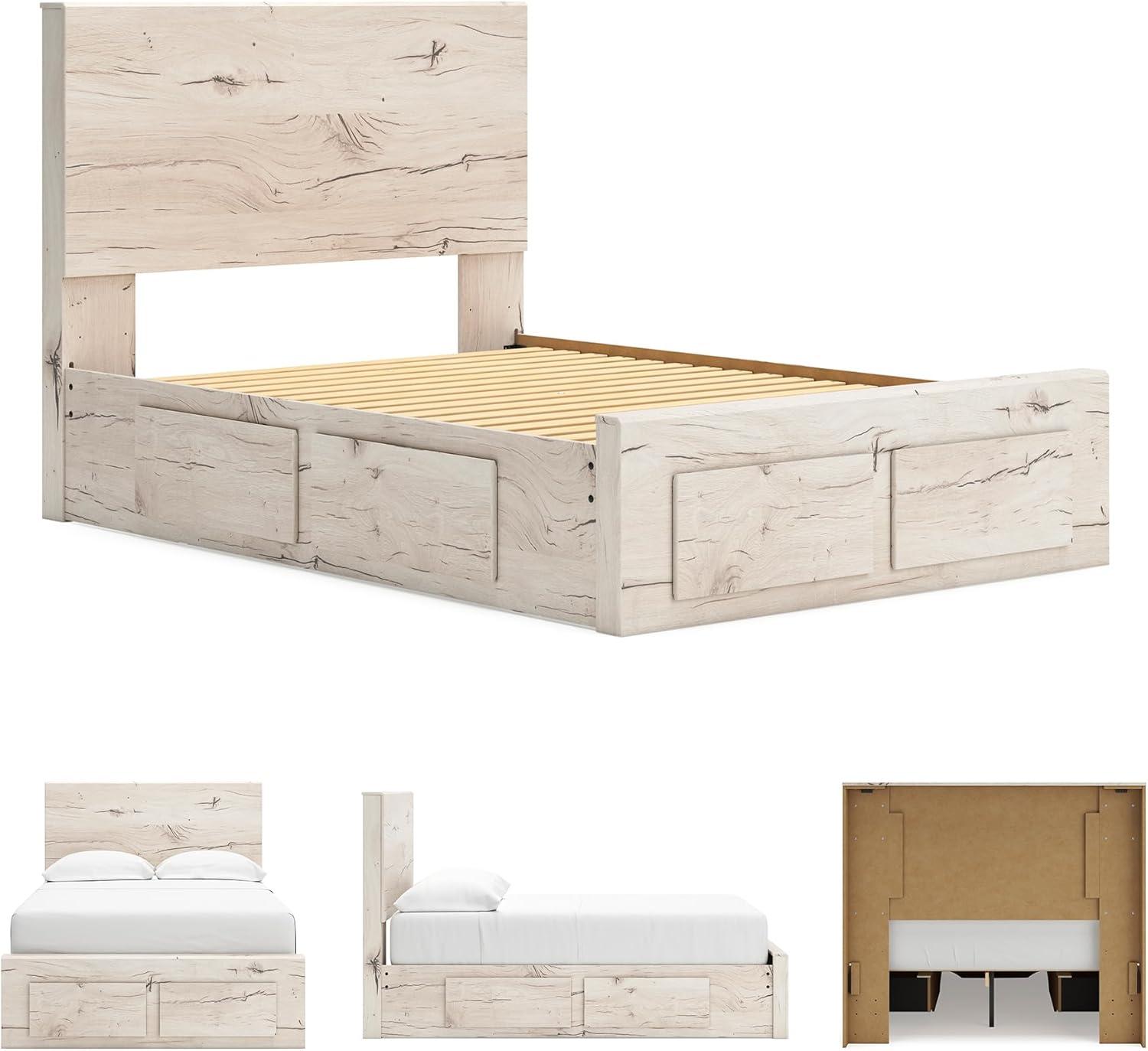 imageSignature Design by Ashley Lawroy King Platform Bed Frame with Four Storage Drawers Panel Headboard and Footboard Reclaimed Oak Look Farmhouse Bedroom Furniture Rustic WhiteFull
