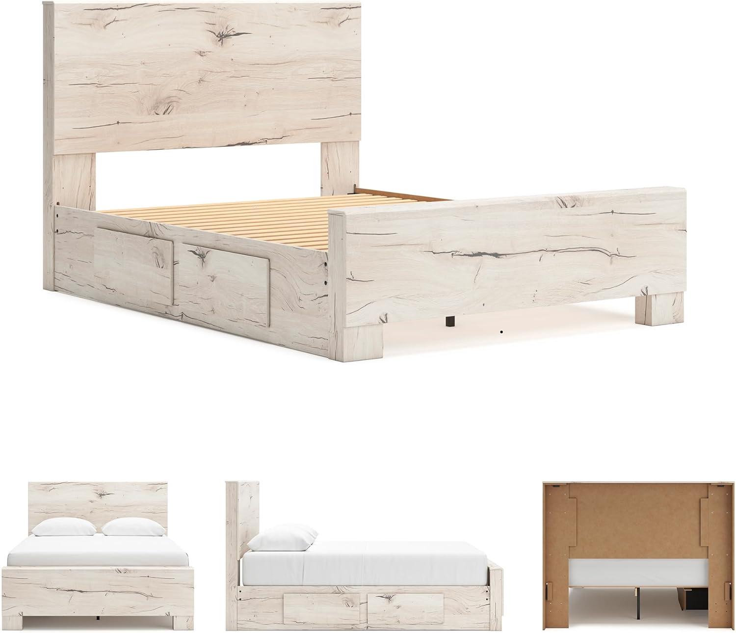 imageSignature Design by Ashley Lawroy King Platform Bed Frame with Four Storage Drawers Panel Headboard and Footboard Reclaimed Oak Look Farmhouse Bedroom Furniture Rustic WhiteFull