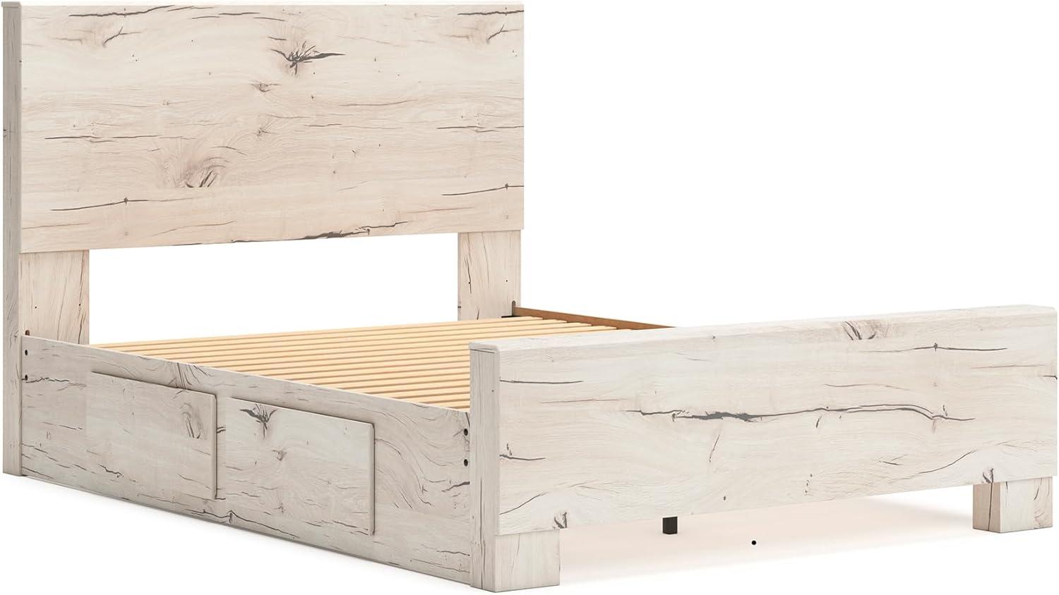 imageSignature Design by Ashley Lawroy King Platform Bed Frame with Four Storage Drawers Panel Headboard and Footboard Reclaimed Oak Look Farmhouse Bedroom Furniture Rustic WhiteFull