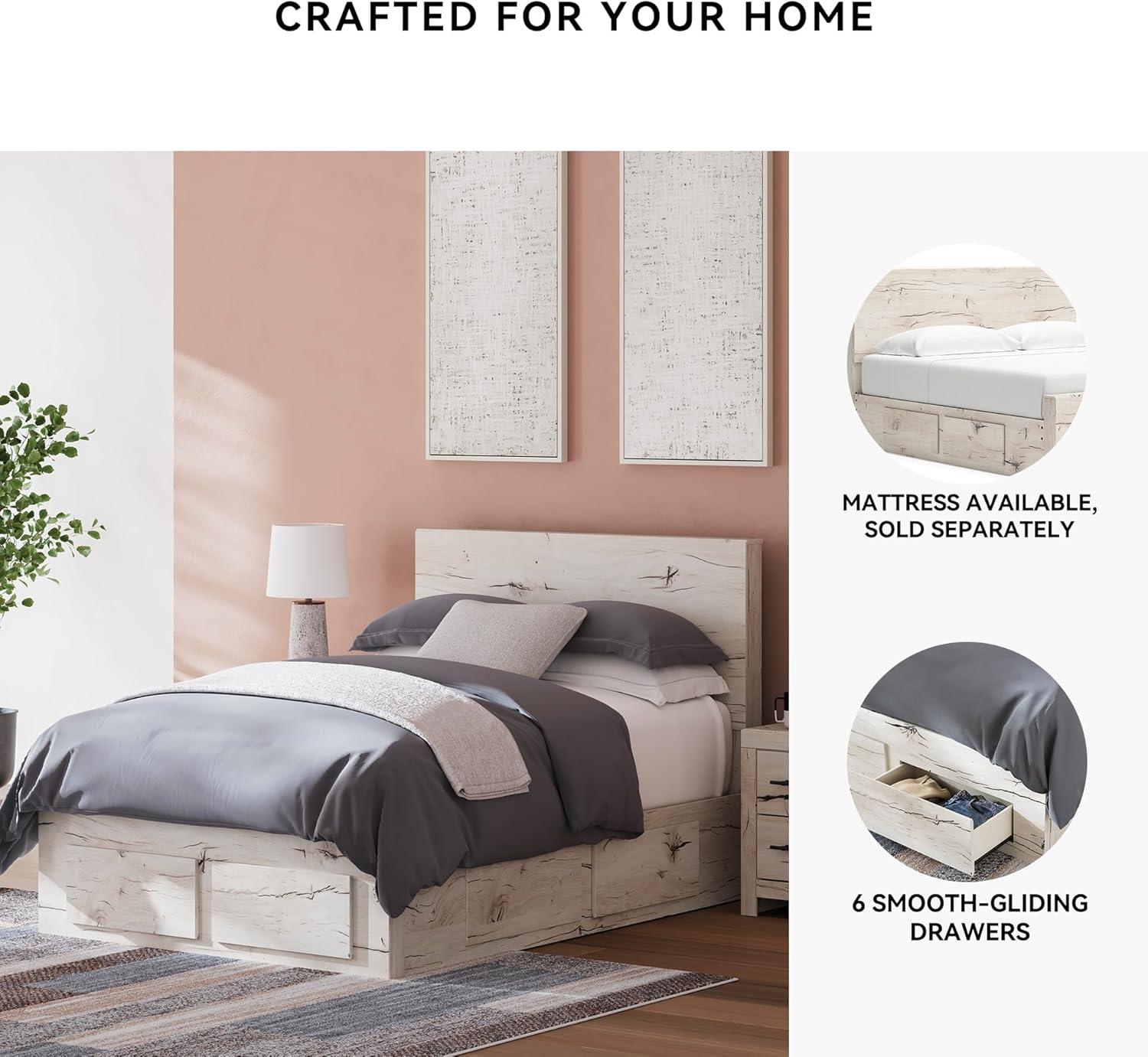 imageSignature Design by Ashley Lawroy King Platform Bed Frame with Four Storage Drawers Panel Headboard and Footboard Reclaimed Oak Look Farmhouse Bedroom Furniture Rustic WhiteFull