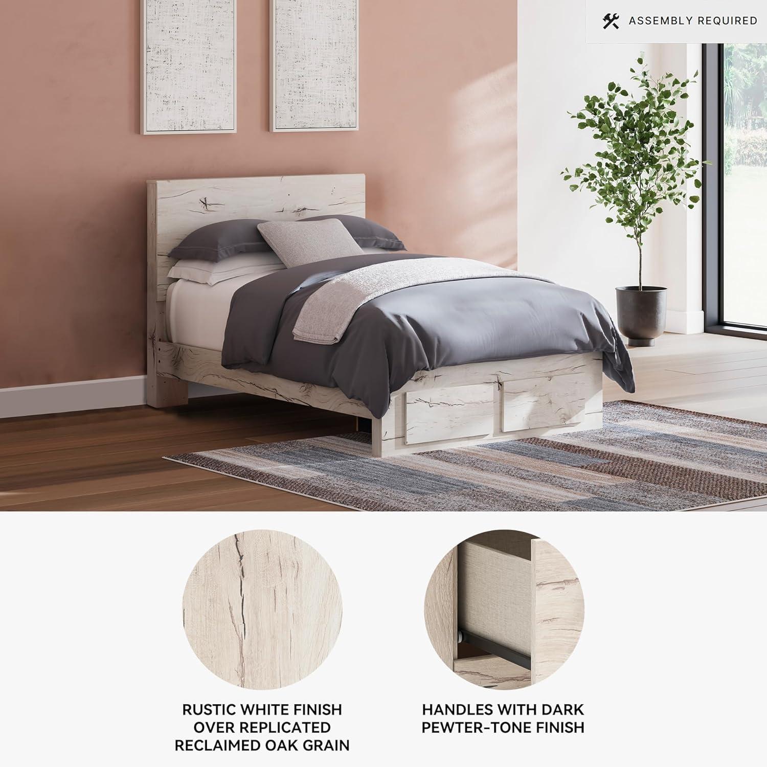 imageSignature Design by Ashley Lawroy King Platform Bed Frame with Four Storage Drawers Panel Headboard and Footboard Reclaimed Oak Look Farmhouse Bedroom Furniture Rustic WhiteFull