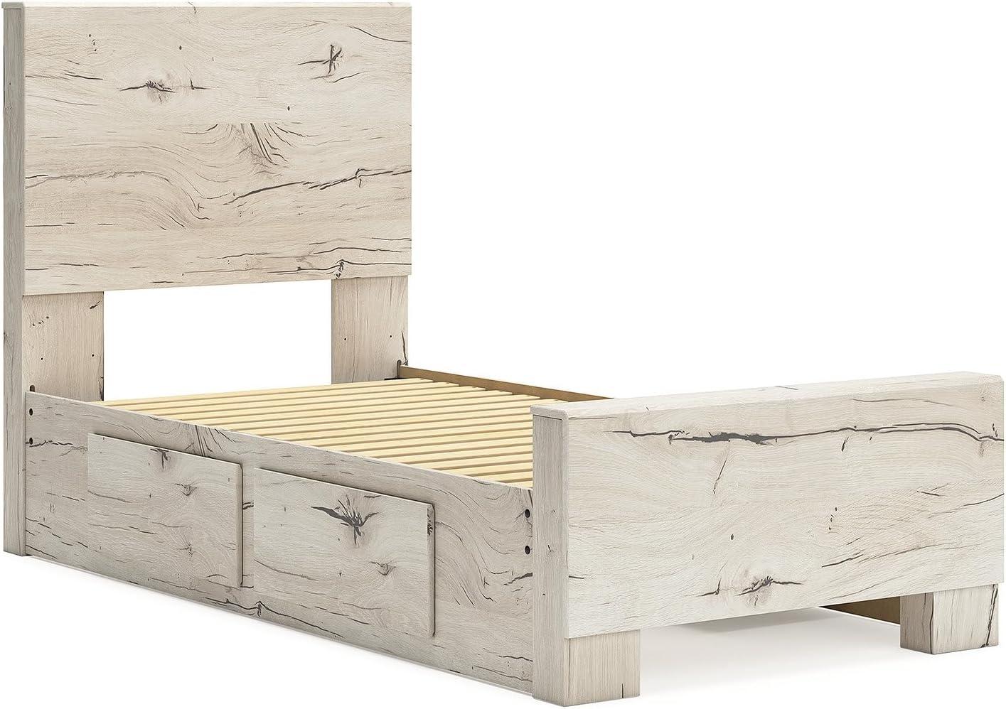 imageSignature Design by Ashley Lawroy King Platform Bed Frame with Four Storage Drawers Panel Headboard and Footboard Reclaimed Oak Look Farmhouse Bedroom Furniture Rustic WhiteTwin