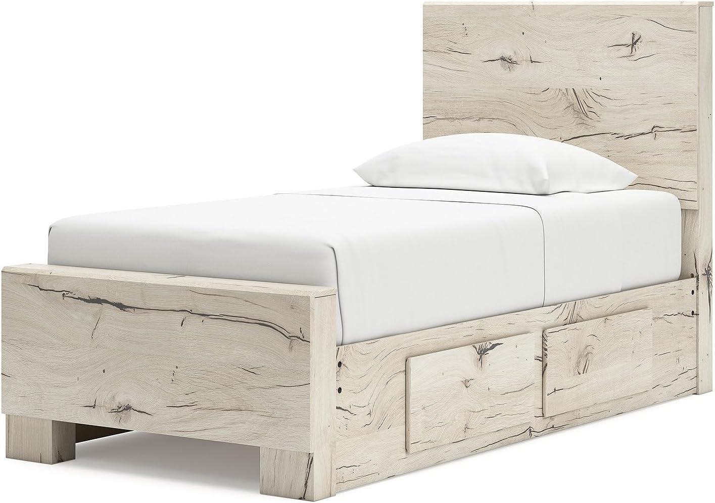 imageSignature Design by Ashley Lawroy King Platform Bed Frame with Four Storage Drawers Panel Headboard and Footboard Reclaimed Oak Look Farmhouse Bedroom Furniture Rustic WhiteTwin