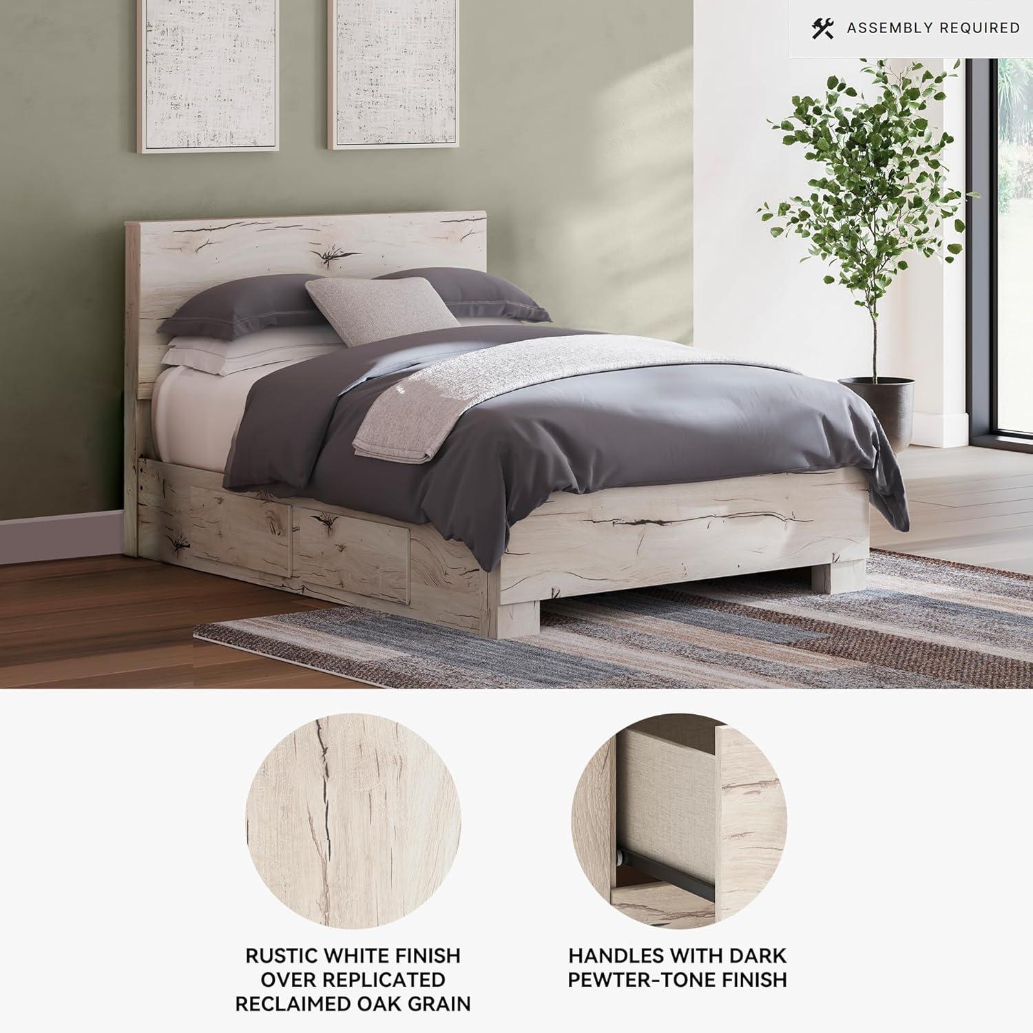 imageSignature Design by Ashley Lawroy King Platform Bed Frame with Four Storage Drawers Panel Headboard and Footboard Reclaimed Oak Look Farmhouse Bedroom Furniture Rustic WhiteFull
