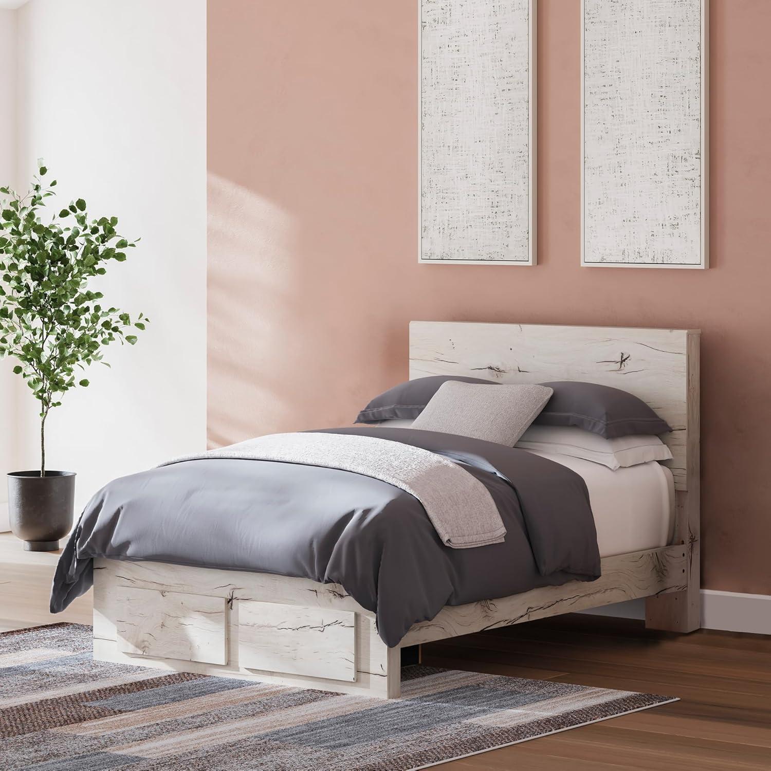 imageSignature Design by Ashley Lawroy King Platform Bed Frame with Four Storage Drawers Panel Headboard and Footboard Reclaimed Oak Look Farmhouse Bedroom Furniture Rustic WhiteFull