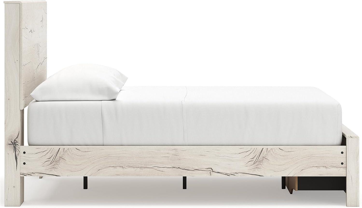 imageSignature Design by Ashley Lawroy King Platform Bed Frame with Four Storage Drawers Panel Headboard and Footboard Reclaimed Oak Look Farmhouse Bedroom Furniture Rustic WhiteFull