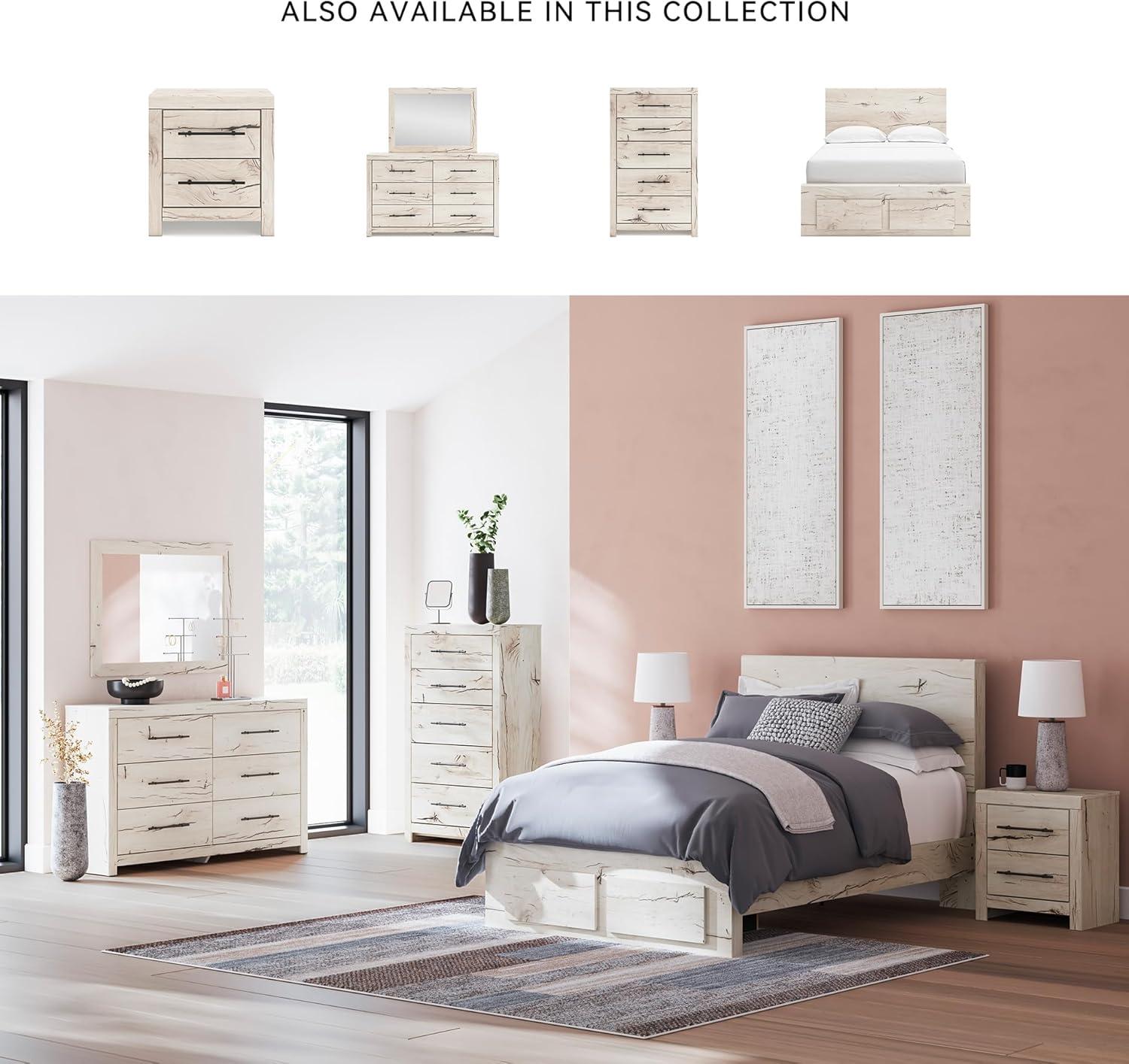 imageSignature Design by Ashley Lawroy King Platform Bed Frame with Four Storage Drawers Panel Headboard and Footboard Reclaimed Oak Look Farmhouse Bedroom Furniture Rustic WhiteFull