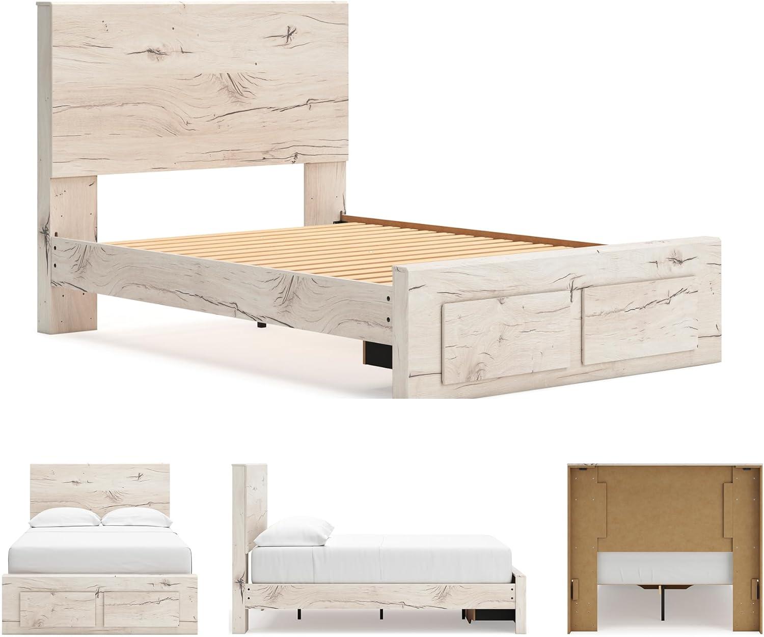 imageSignature Design by Ashley Lawroy King Platform Bed Frame with Four Storage Drawers Panel Headboard and Footboard Reclaimed Oak Look Farmhouse Bedroom Furniture Rustic WhiteFull