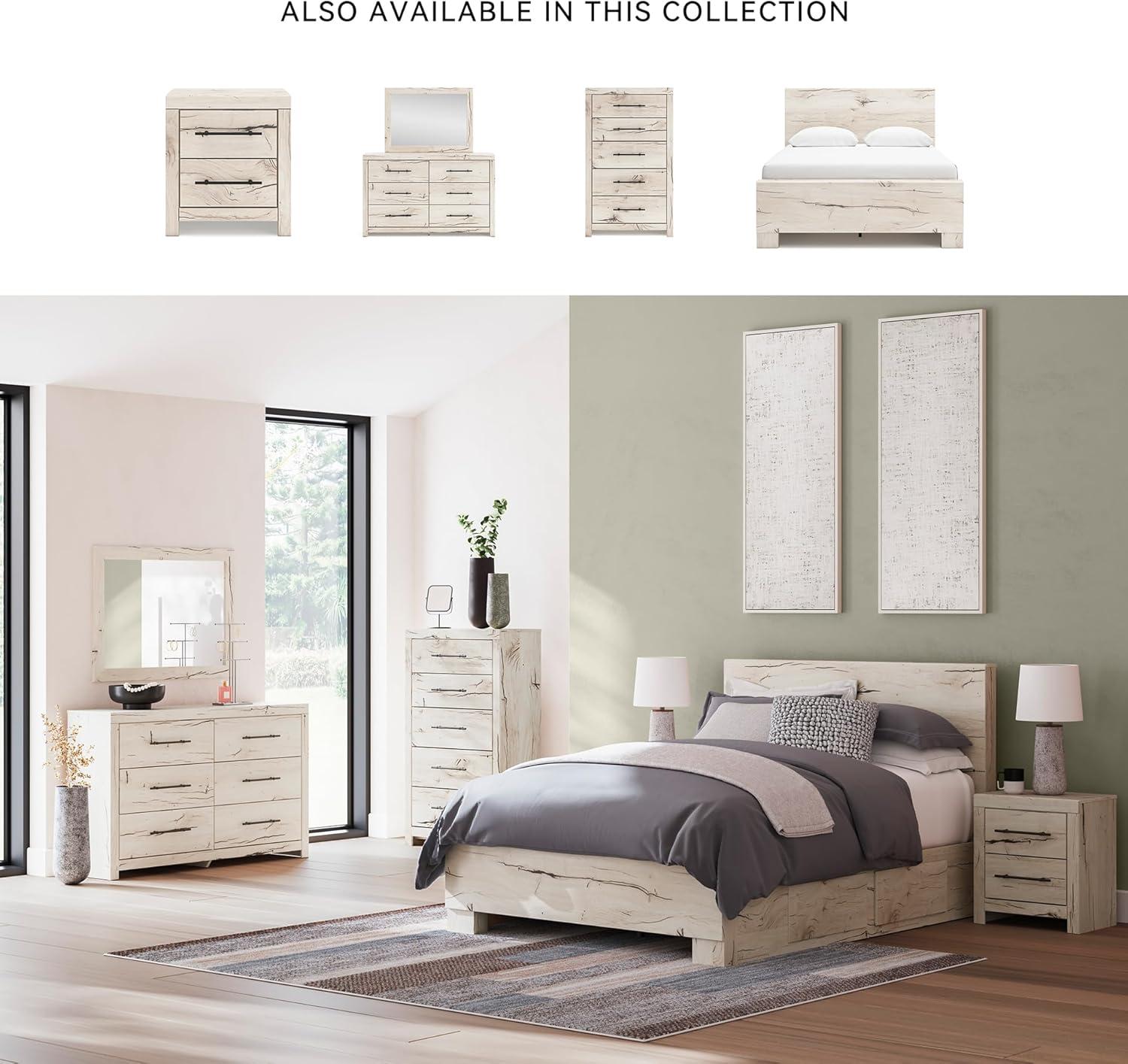 imageSignature Design by Ashley Lawroy King Platform Bed Frame with Four Storage Drawers Panel Headboard and Footboard Reclaimed Oak Look Farmhouse Bedroom Furniture Rustic WhiteFull