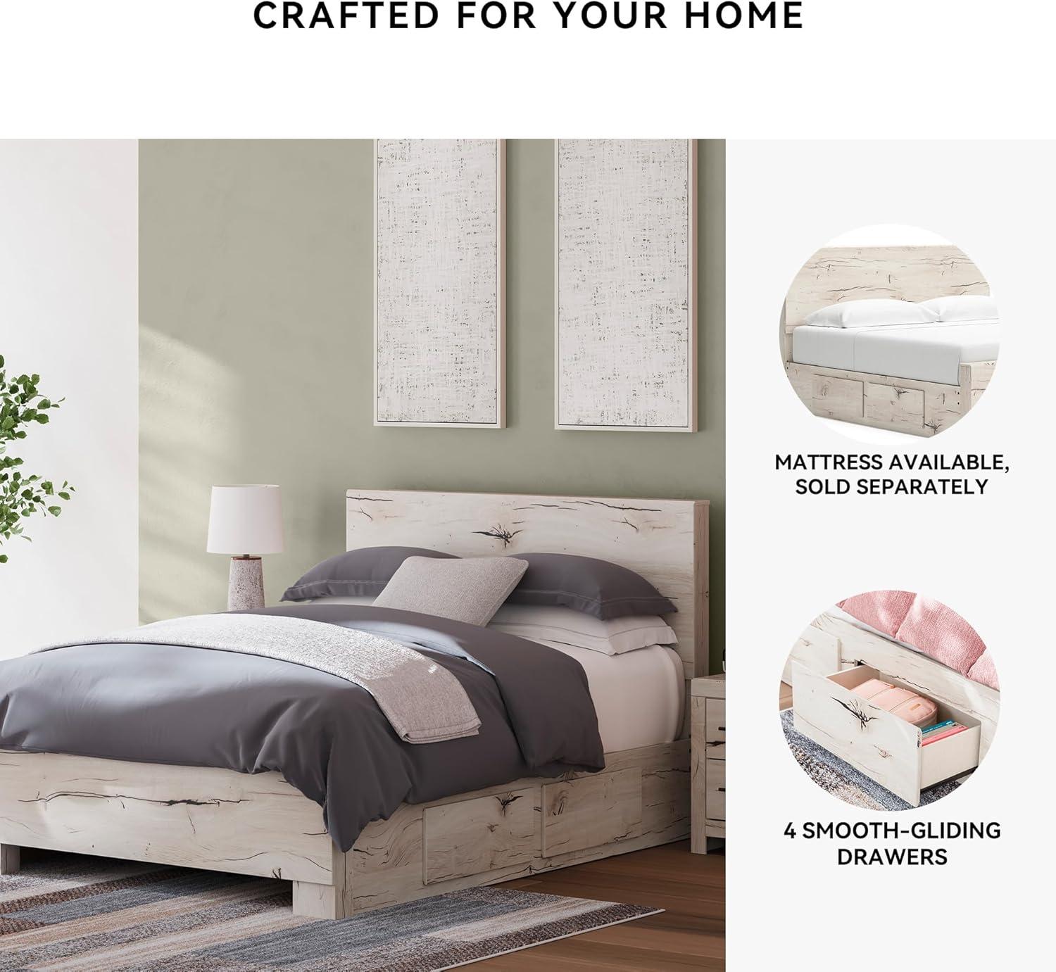imageSignature Design by Ashley Lawroy King Platform Bed Frame with Four Storage Drawers Panel Headboard and Footboard Reclaimed Oak Look Farmhouse Bedroom Furniture Rustic WhiteFull