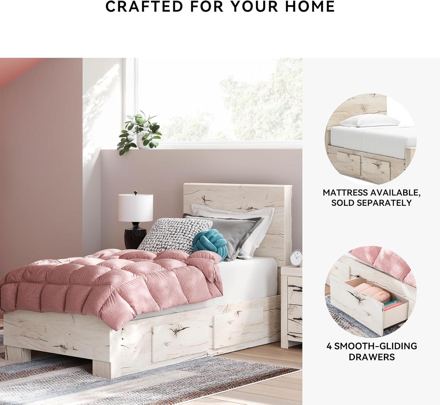 imageSignature Design by Ashley Lawroy King Platform Bed Frame with Four Storage Drawers Panel Headboard and Footboard Reclaimed Oak Look Farmhouse Bedroom Furniture Rustic WhiteTwin