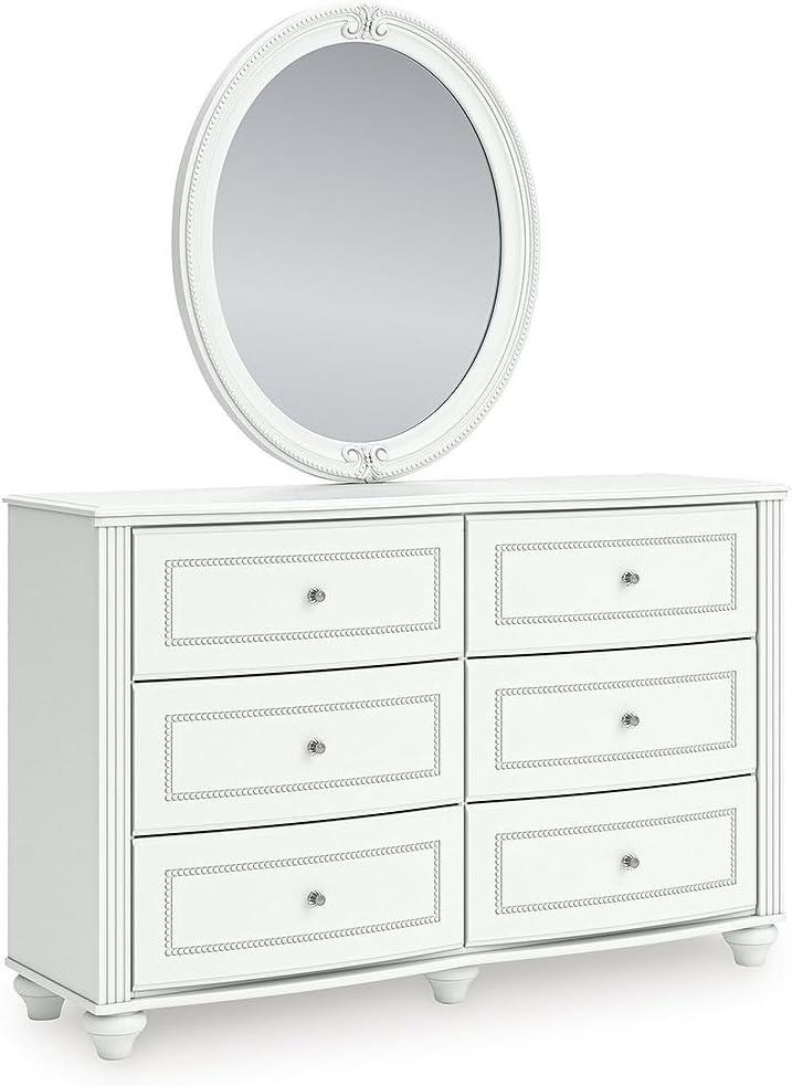imageSignature Design by Ashley Maylilly Dresser and Mirror Set White Chest with 6 SmoothGliding Drawers Crystal Knobs and Bun Feet for Kids Bedroom Decor