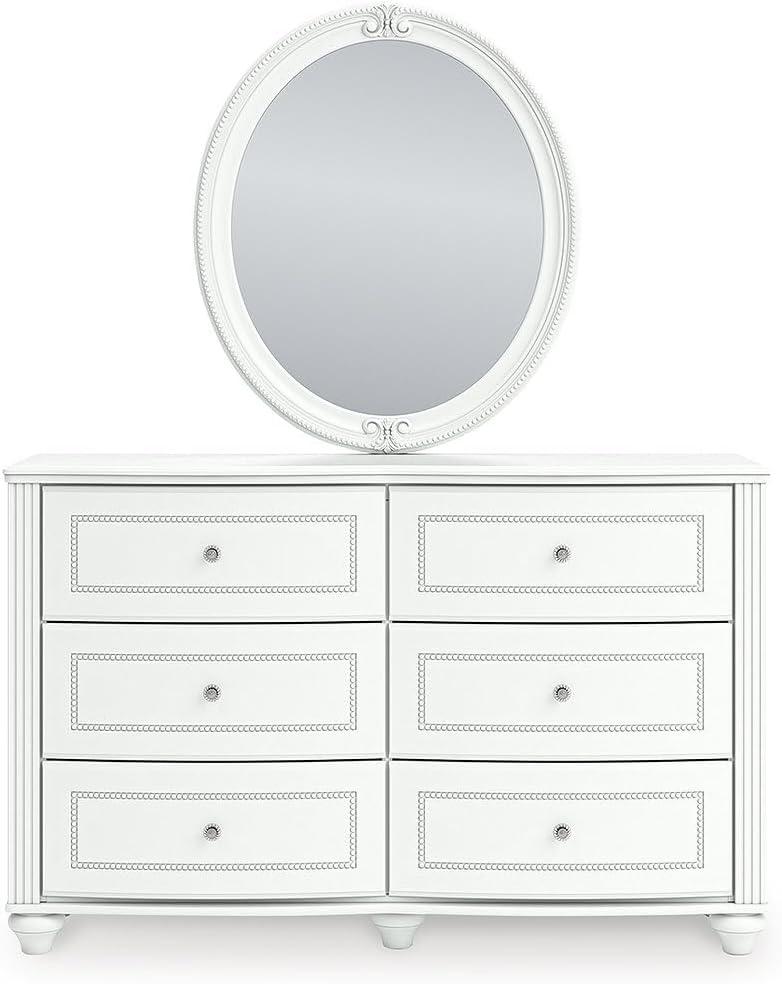 imageSignature Design by Ashley Maylilly Dresser and Mirror Set White Chest with 6 SmoothGliding Drawers Crystal Knobs and Bun Feet for Kids Bedroom Decor