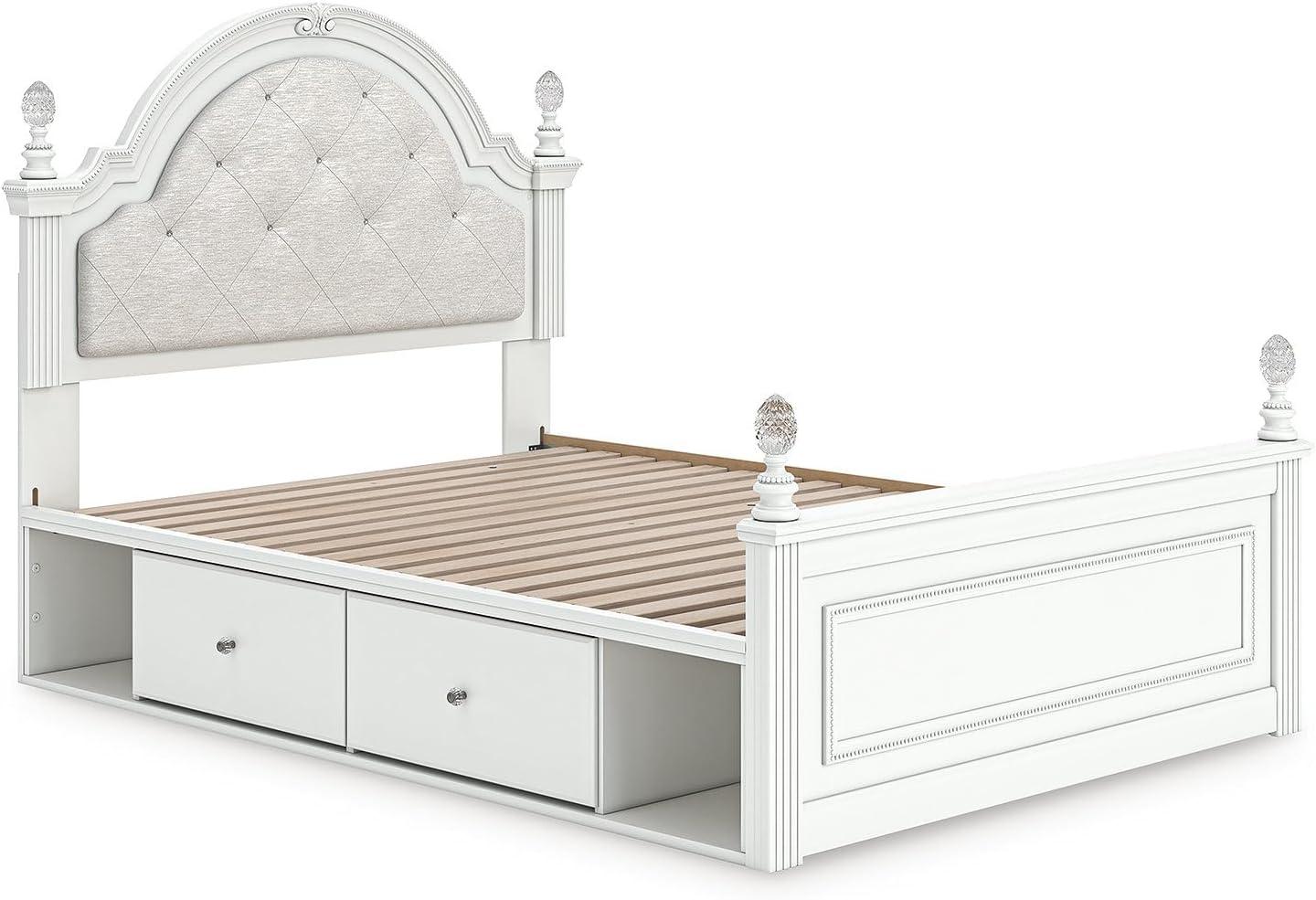 imageSignature Design by Ashley Maylilly Full Upholstered Panel Storage Bed Frame with Headboard LED Lights and Drawers Matte White for Teen and Kids Bedroom