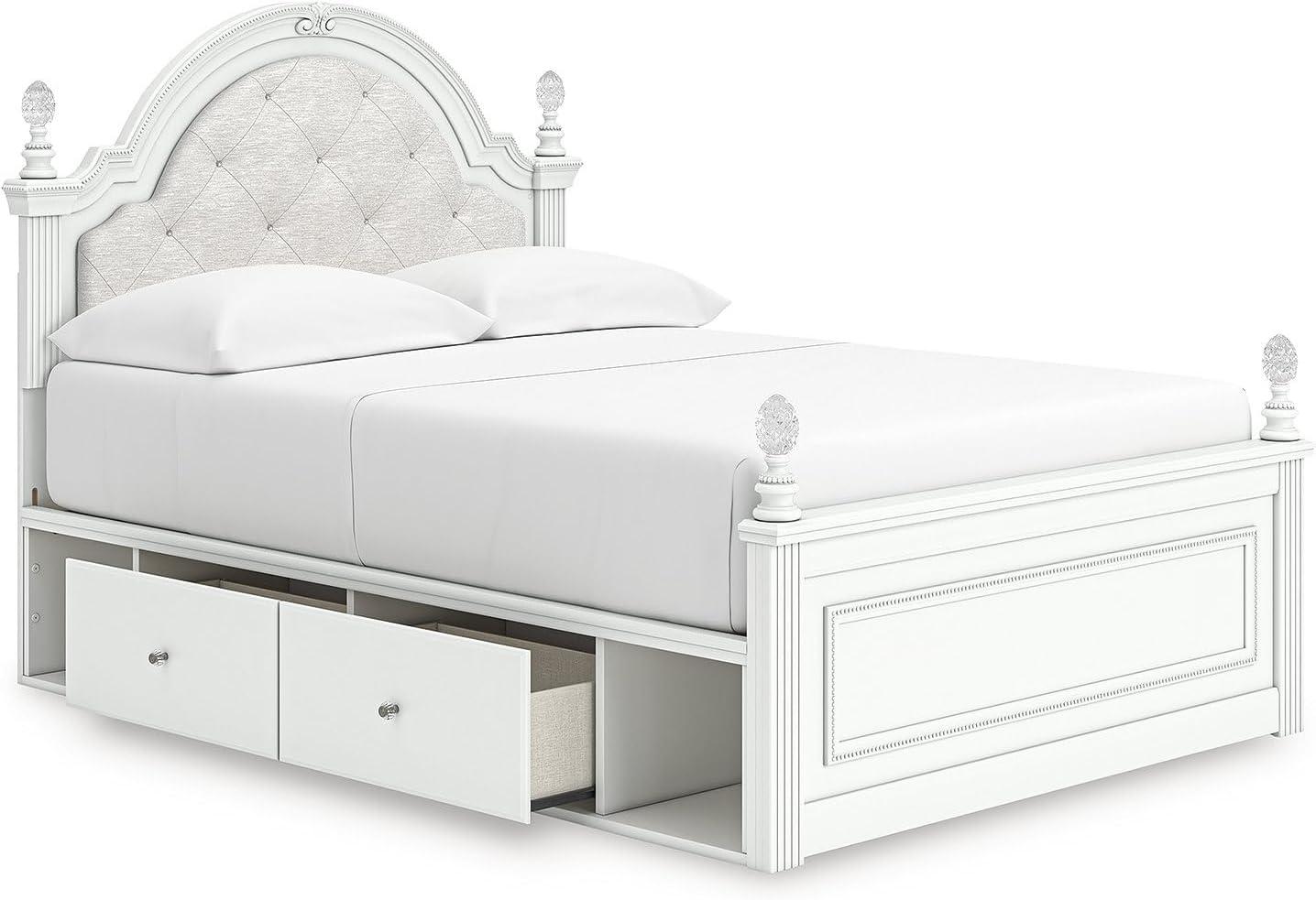 imageSignature Design by Ashley Maylilly Full Upholstered Panel Storage Bed Frame with Headboard LED Lights and Drawers Matte White for Teen and Kids Bedroom