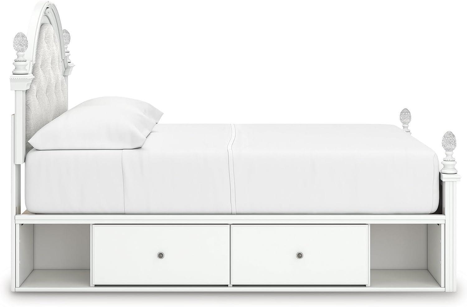 imageSignature Design by Ashley Maylilly Full Upholstered Panel Storage Bed Frame with Headboard LED Lights and Drawers Matte White for Teen and Kids Bedroom