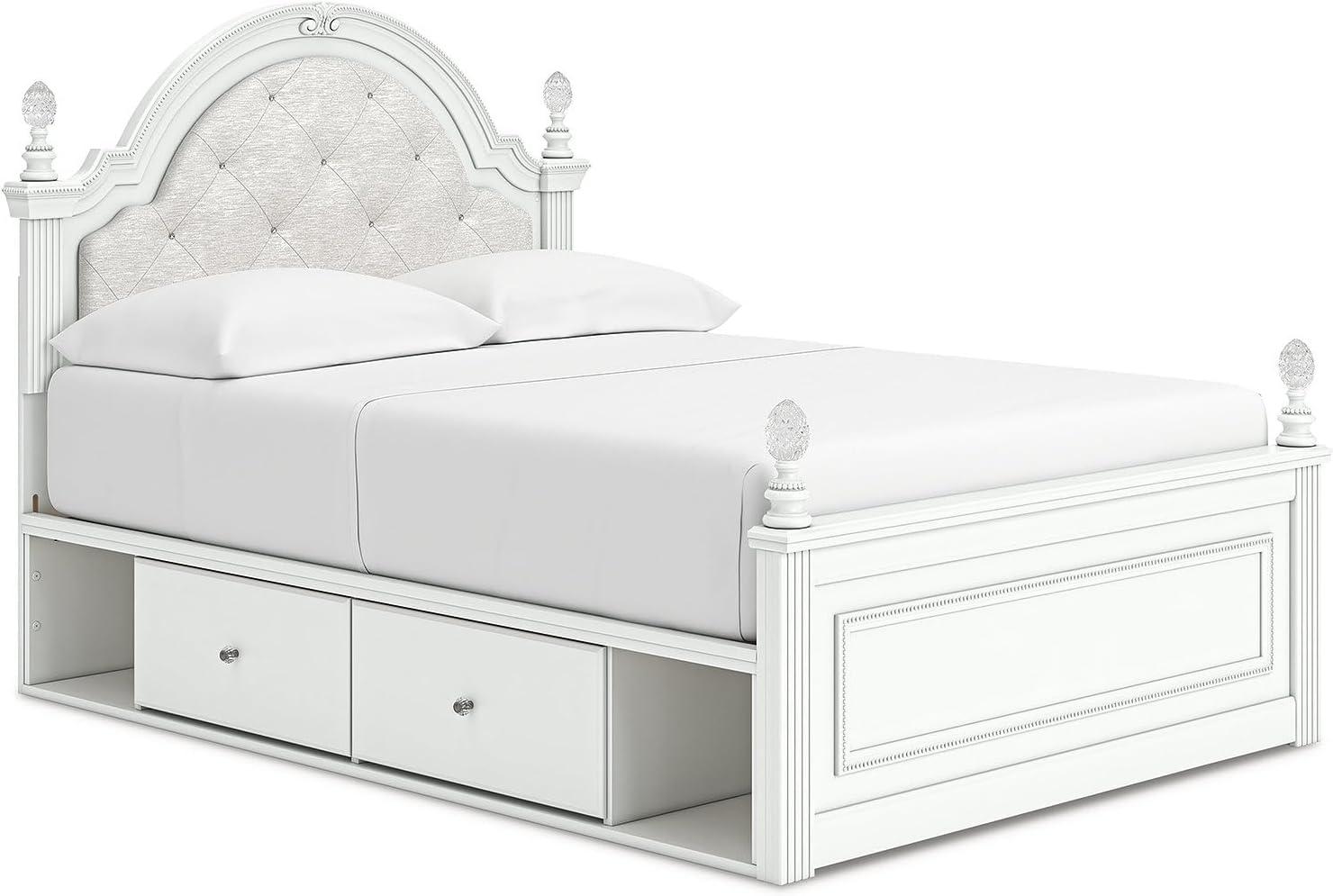 imageSignature Design by Ashley Maylilly Full Upholstered Panel Storage Bed Frame with Headboard LED Lights and Drawers Matte White for Teen and Kids Bedroom