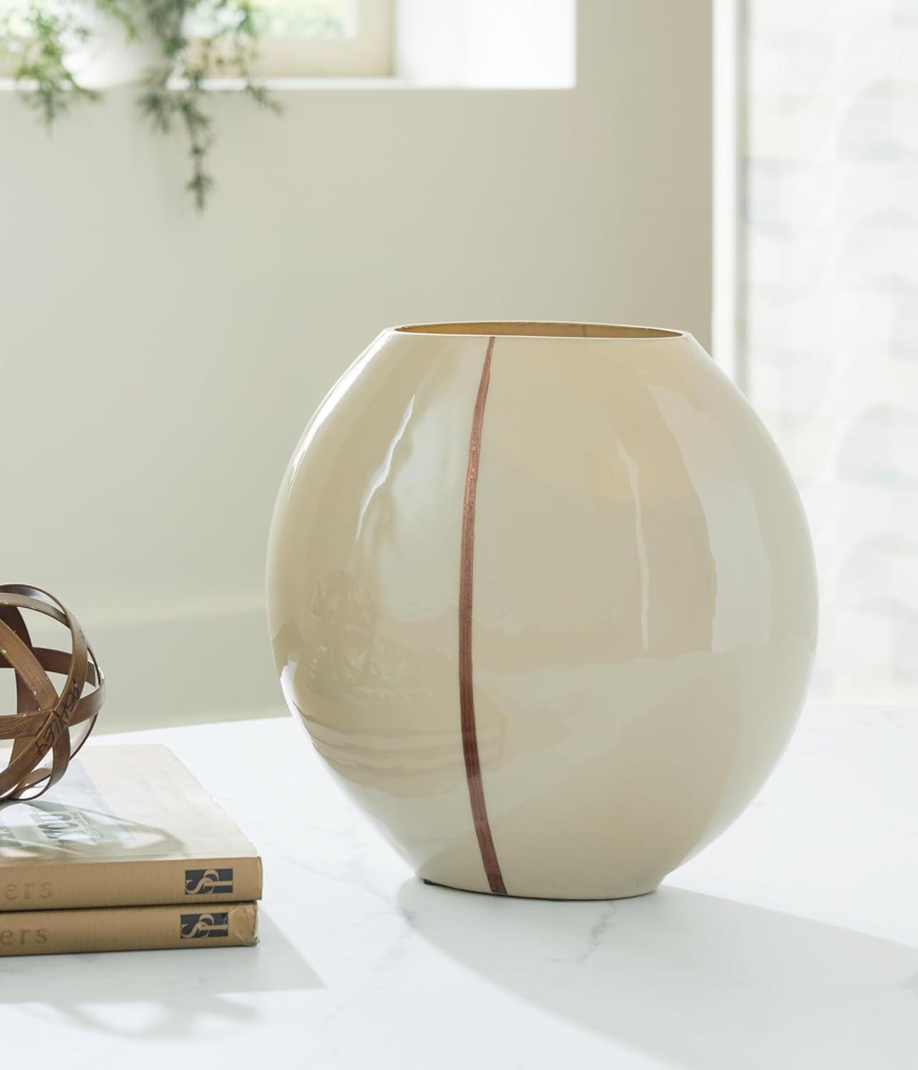 imageSignature Design by Ashley Sheabourne Contemporary Indoor 13 Hand Painted Enameled Glass Tabletop Vase with Wide Mouth Beige amp Dark Brown1025 W x 525 D x 9 H