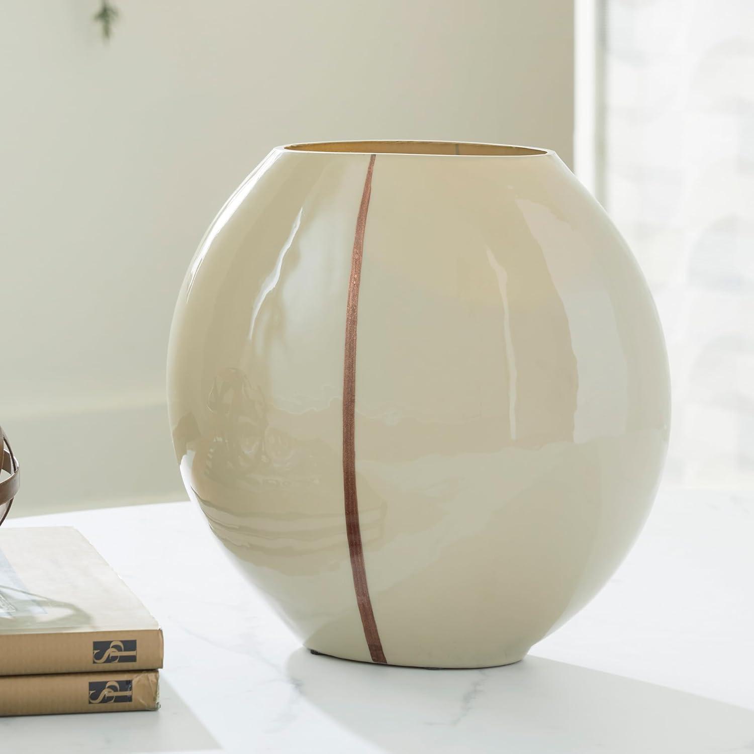 imageSignature Design by Ashley Sheabourne Contemporary Indoor 13 Hand Painted Enameled Glass Tabletop Vase with Wide Mouth Beige amp Dark Brown1025 W x 525 D x 9 H
