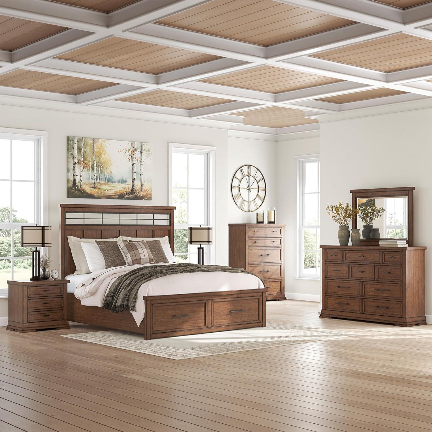 imageSignature Design by Ashley Taffenbrook King Platform Bed Frame with Headboard 2 Drawer Storage Hardwood Solids Mango Veneer MDF Rich Brown Finish Casual BedroomMedium Brown