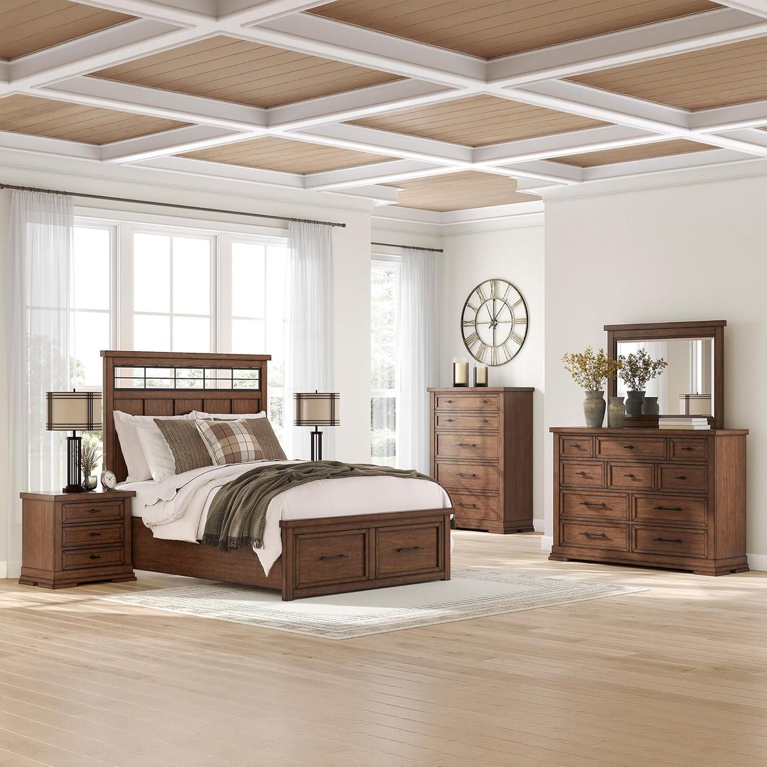 imageSignature Design by Ashley Taffenbrook King Platform Bed Frame with Headboard 2 Drawer Storage Hardwood Solids Mango Veneer MDF Rich Brown Finish Casual BedroomMedium Brown