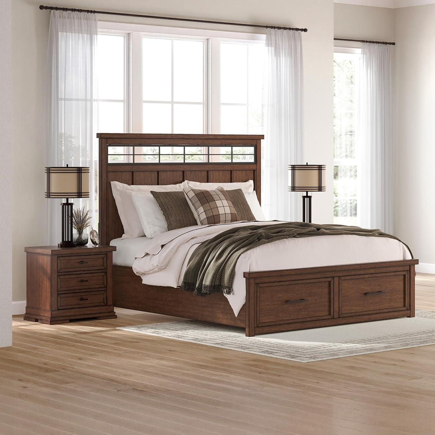 imageSignature Design by Ashley Taffenbrook King Platform Bed Frame with Headboard 2 Drawer Storage Hardwood Solids Mango Veneer MDF Rich Brown Finish Casual BedroomMedium Brown