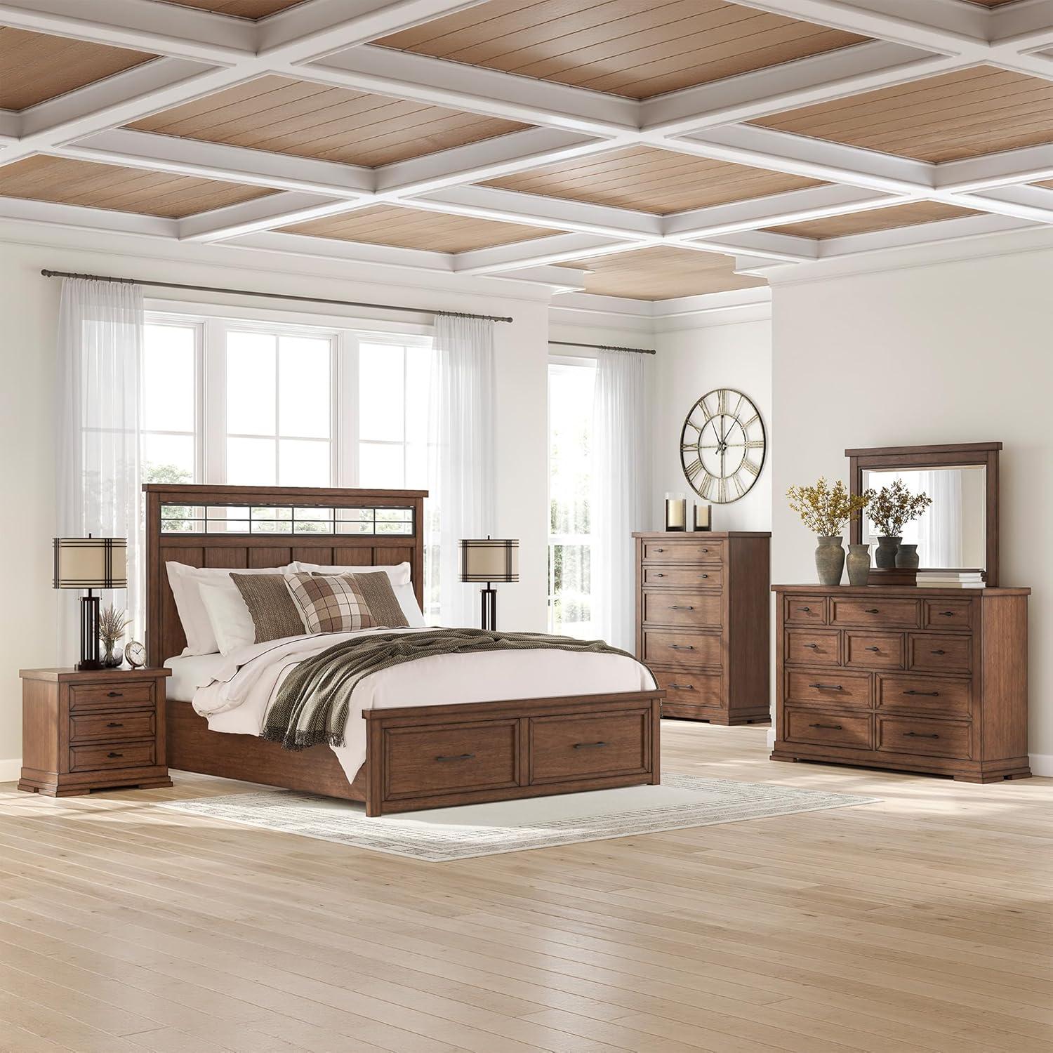 imageSignature Design by Ashley Taffenbrook King Platform Bed Frame with Headboard 2 Drawer Storage Hardwood Solids Mango Veneer MDF Rich Brown Finish Casual BedroomMedium Brown