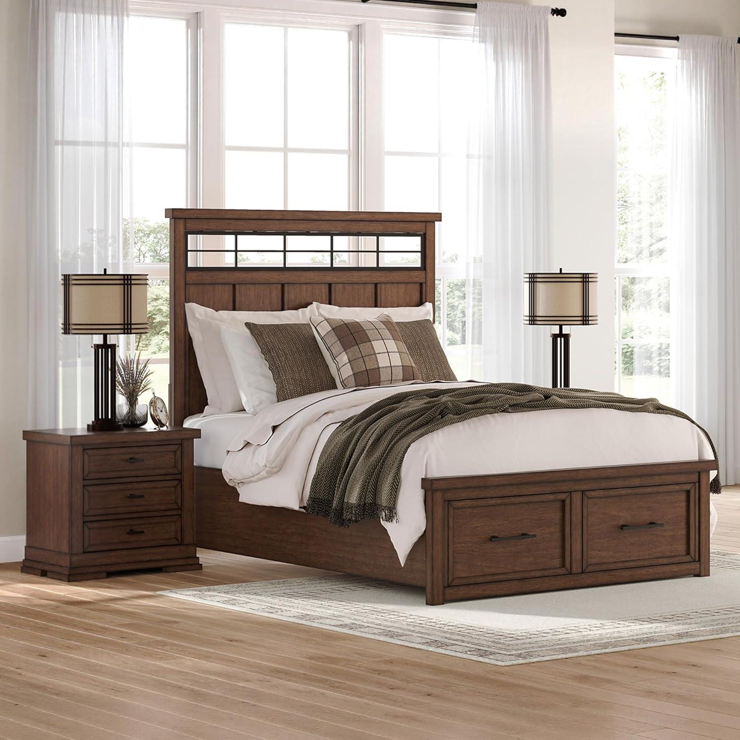 imageSignature Design by Ashley Taffenbrook King Platform Bed Frame with Headboard 2 Drawer Storage Hardwood Solids Mango Veneer MDF Rich Brown Finish Casual BedroomMedium Brown