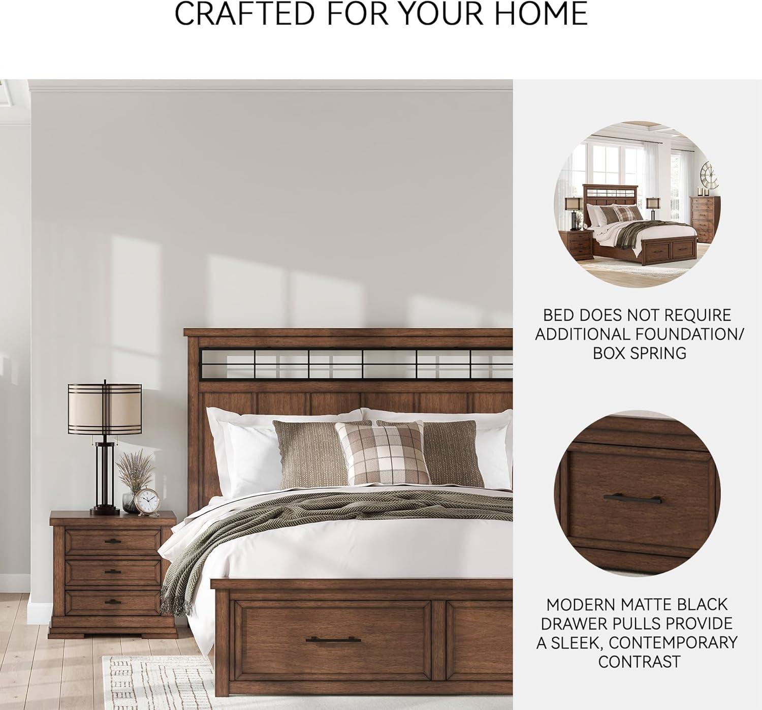 imageSignature Design by Ashley Taffenbrook King Platform Bed Frame with Headboard 2 Drawer Storage Hardwood Solids Mango Veneer MDF Rich Brown Finish Casual BedroomMedium Brown