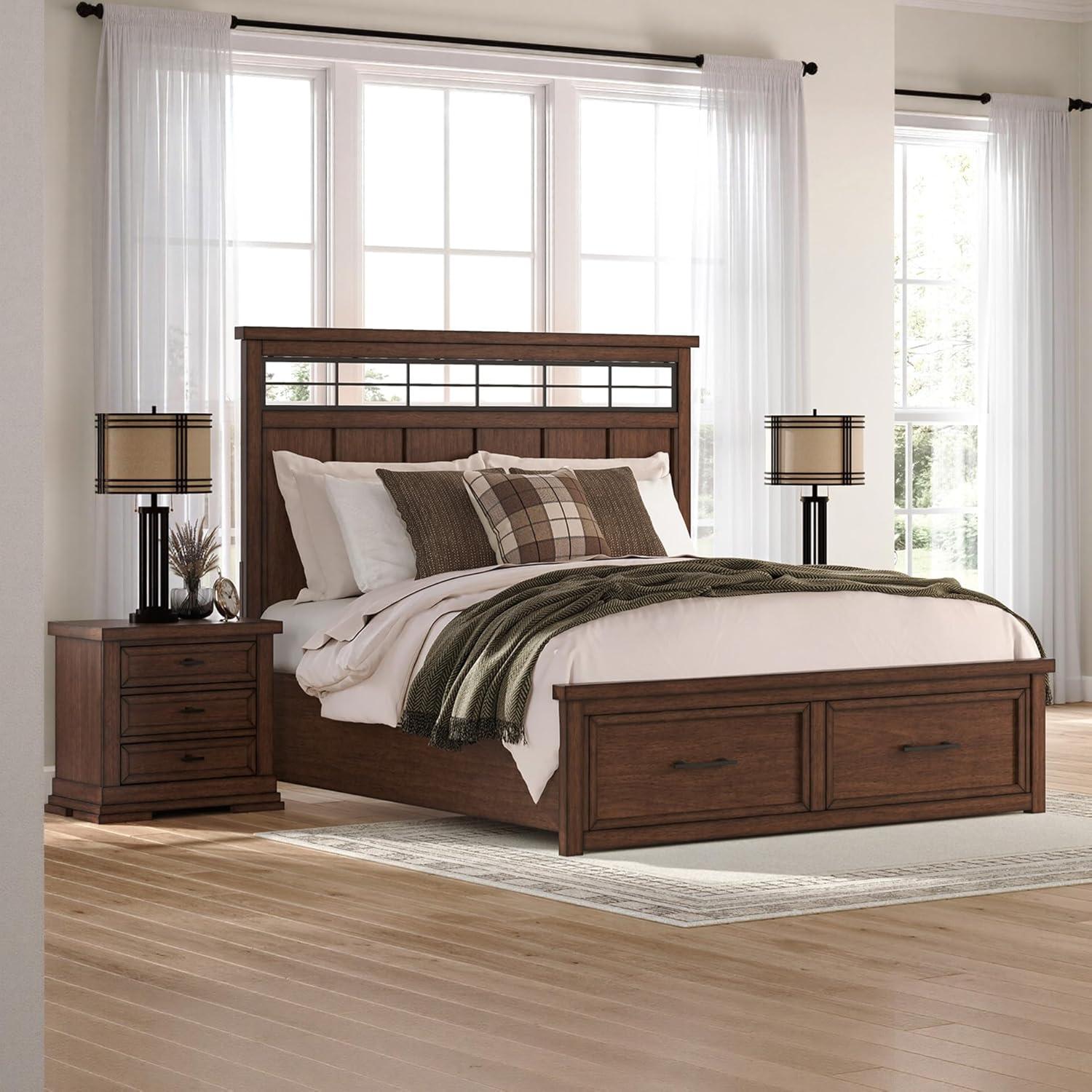 imageSignature Design by Ashley Taffenbrook King Platform Bed Frame with Headboard 2 Drawer Storage Hardwood Solids Mango Veneer MDF Rich Brown Finish Casual BedroomMedium Brown