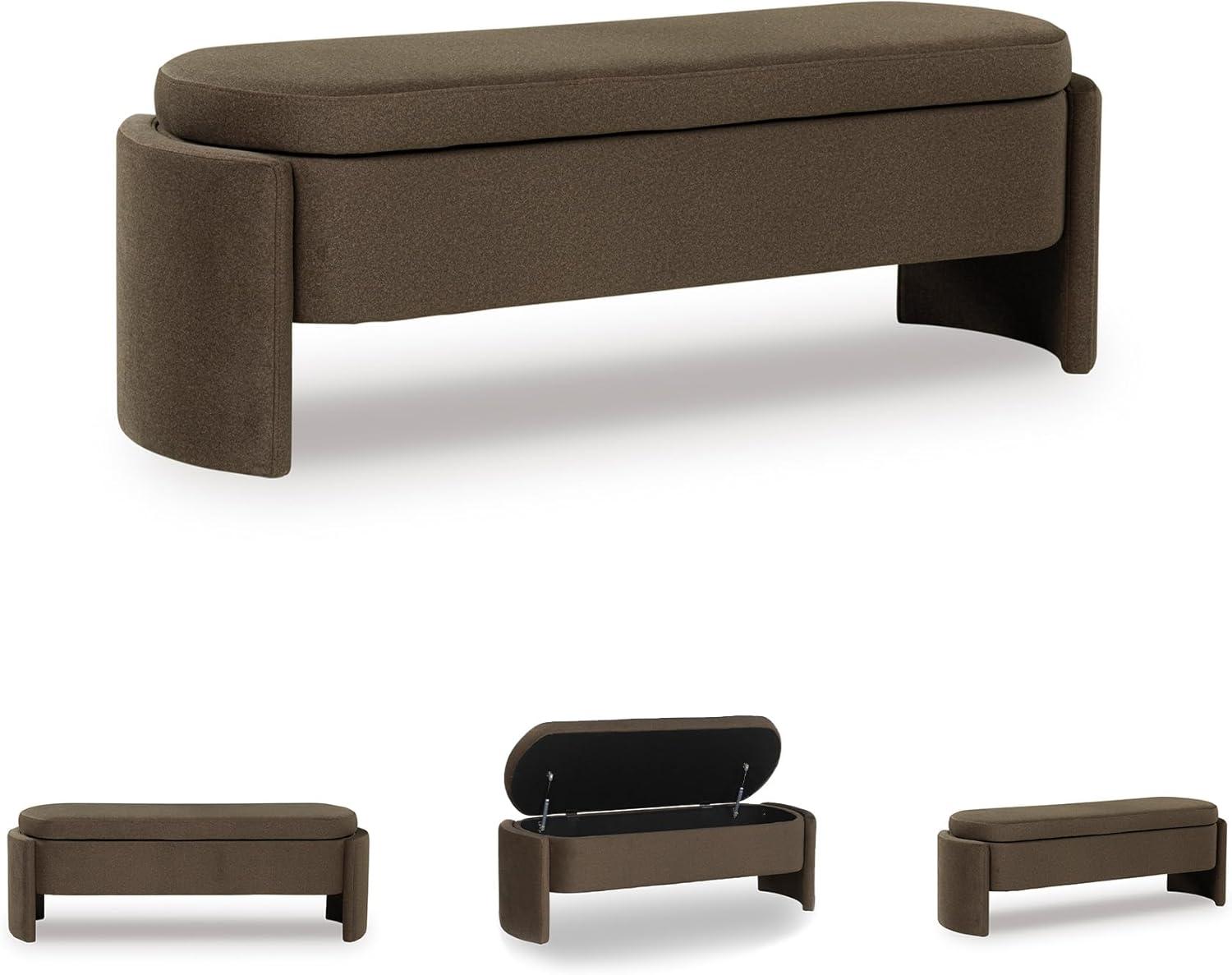 imageSignature Design by Ashley Vavuniya Upholstered Storage Bench with Hinged Seat and Hidden Compartment for Entryway or Bedroom Seating Capsule Shape in Heathered Brown