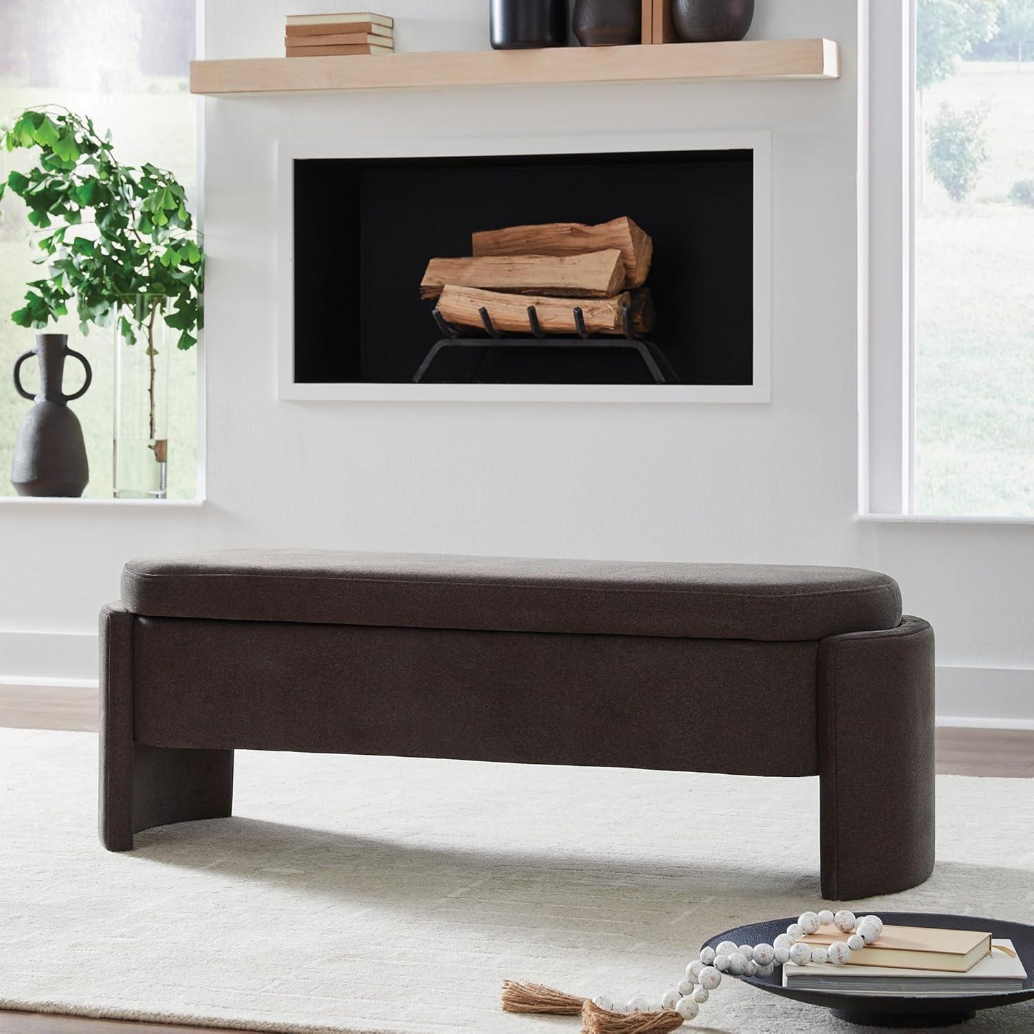 imageSignature Design by Ashley Vavuniya Upholstered Storage Bench with Hinged Seat and Hidden Compartment for Entryway or Bedroom Seating Capsule Shape in Heathered Brown