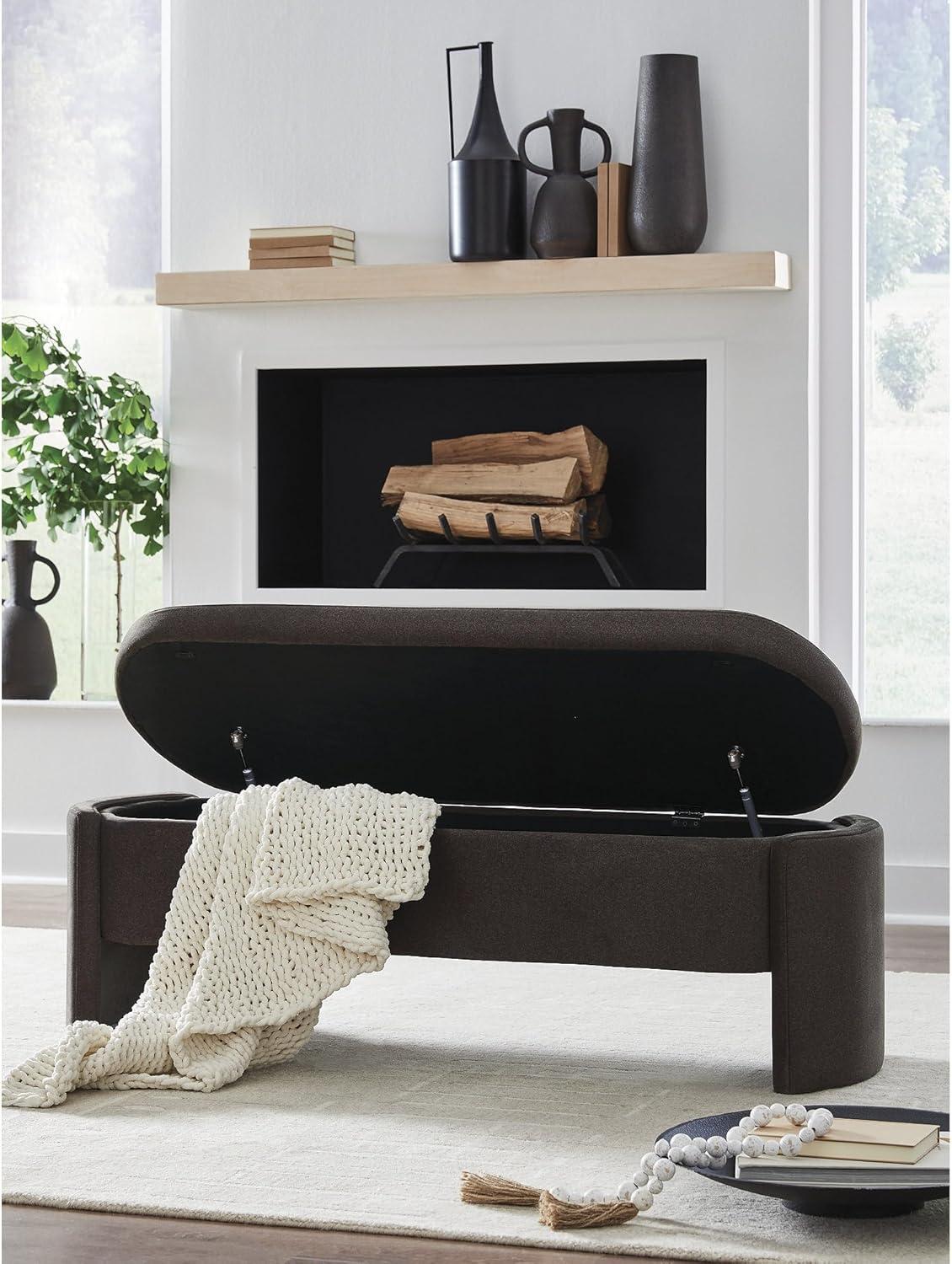 imageSignature Design by Ashley Vavuniya Upholstered Storage Bench with Hinged Seat and Hidden Compartment for Entryway or Bedroom Seating Capsule Shape in Heathered Brown