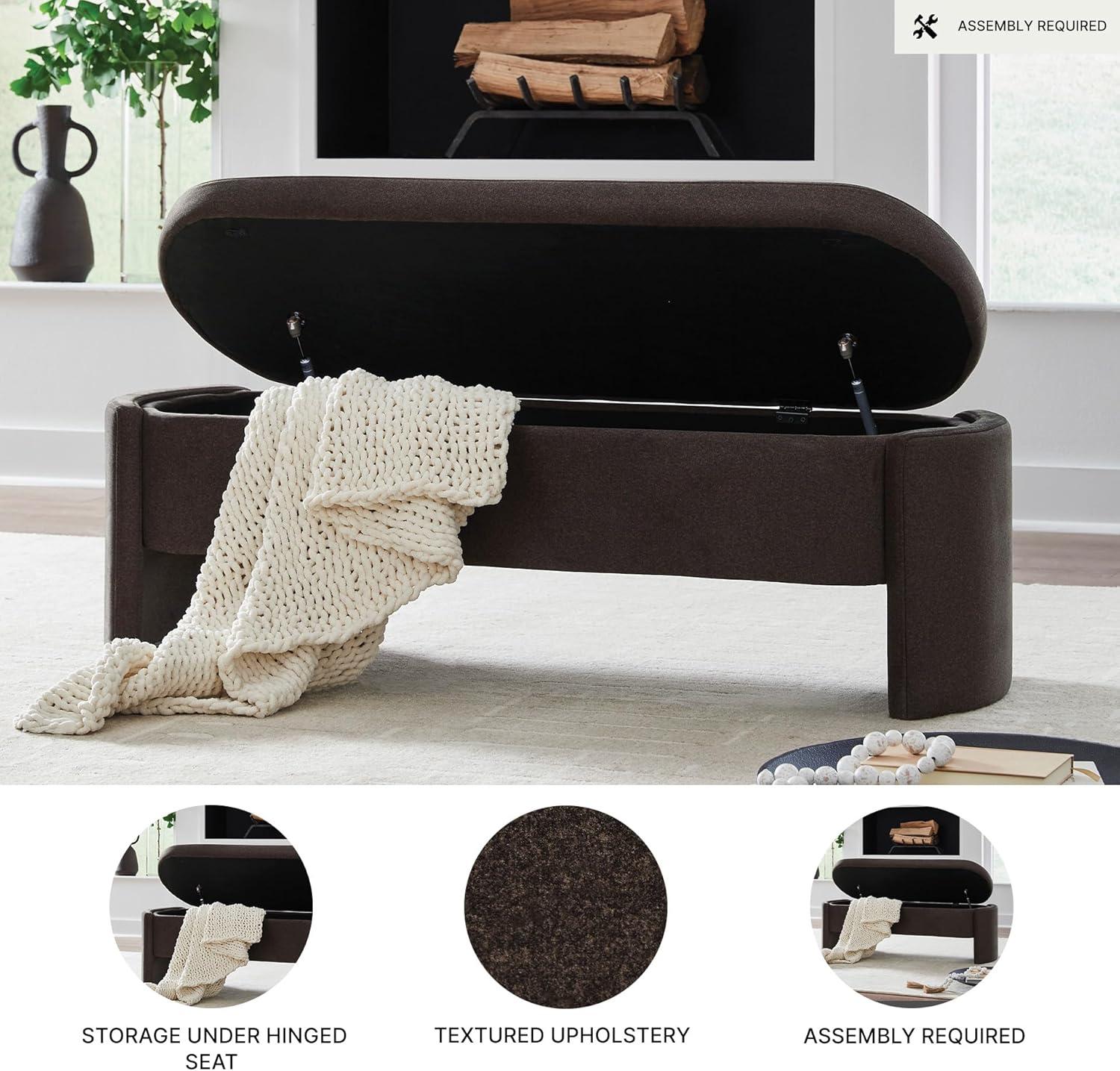 imageSignature Design by Ashley Vavuniya Upholstered Storage Bench with Hinged Seat and Hidden Compartment for Entryway or Bedroom Seating Capsule Shape in Heathered Brown