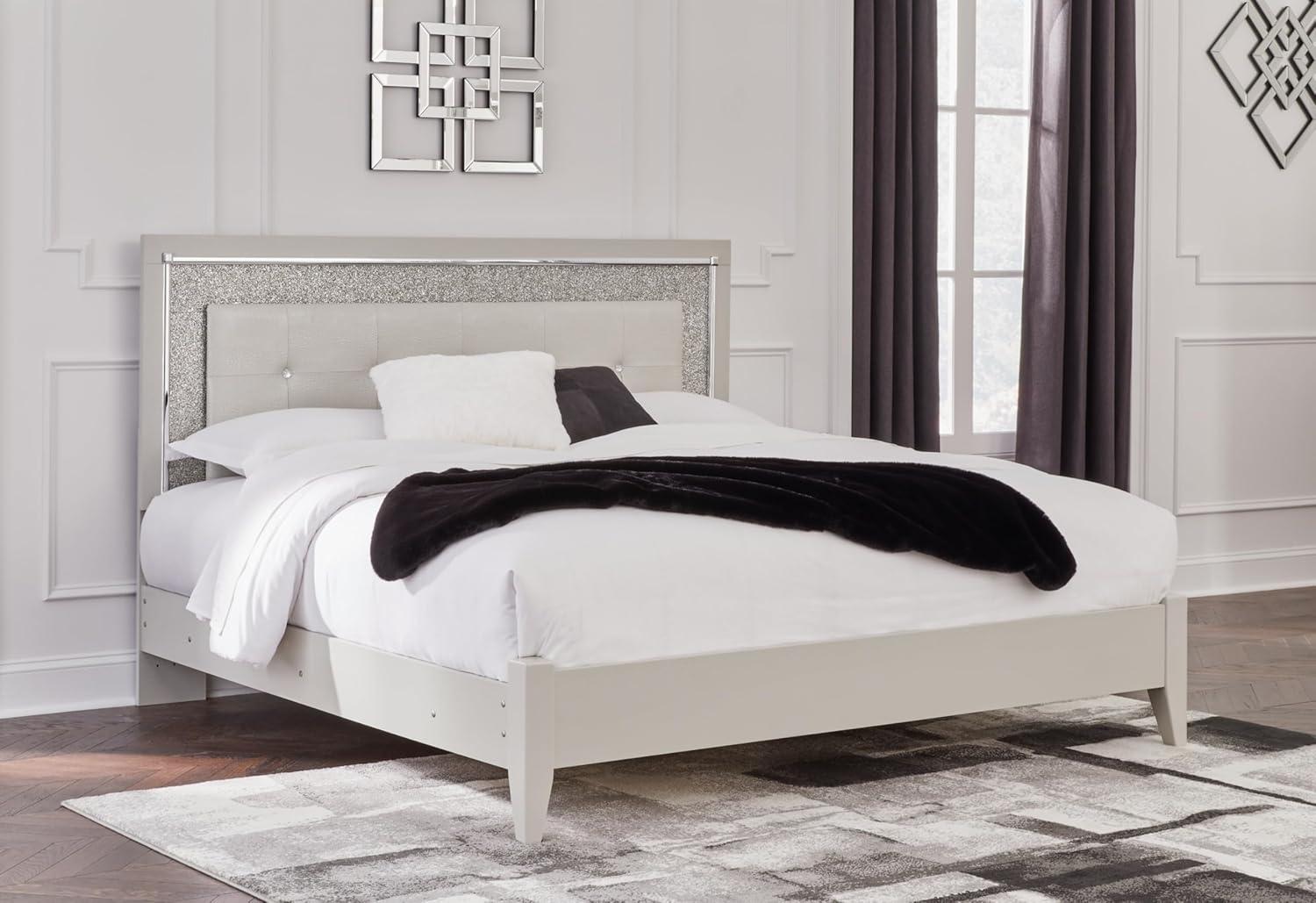 imageSignature Design by Ashley Zyniden Contemporary King Upholstered Tufted Panel Bed Foundation or Box Spring Needed Light Gray