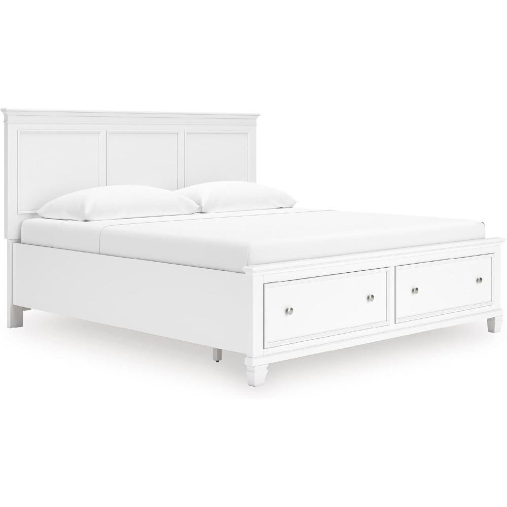 imageSignature Design By Ashley Fortman California King Panel Storage Bedframe White Painted Finish 2 Drawer Footboard Hardwood Solids and MDF No Box Spring Needed