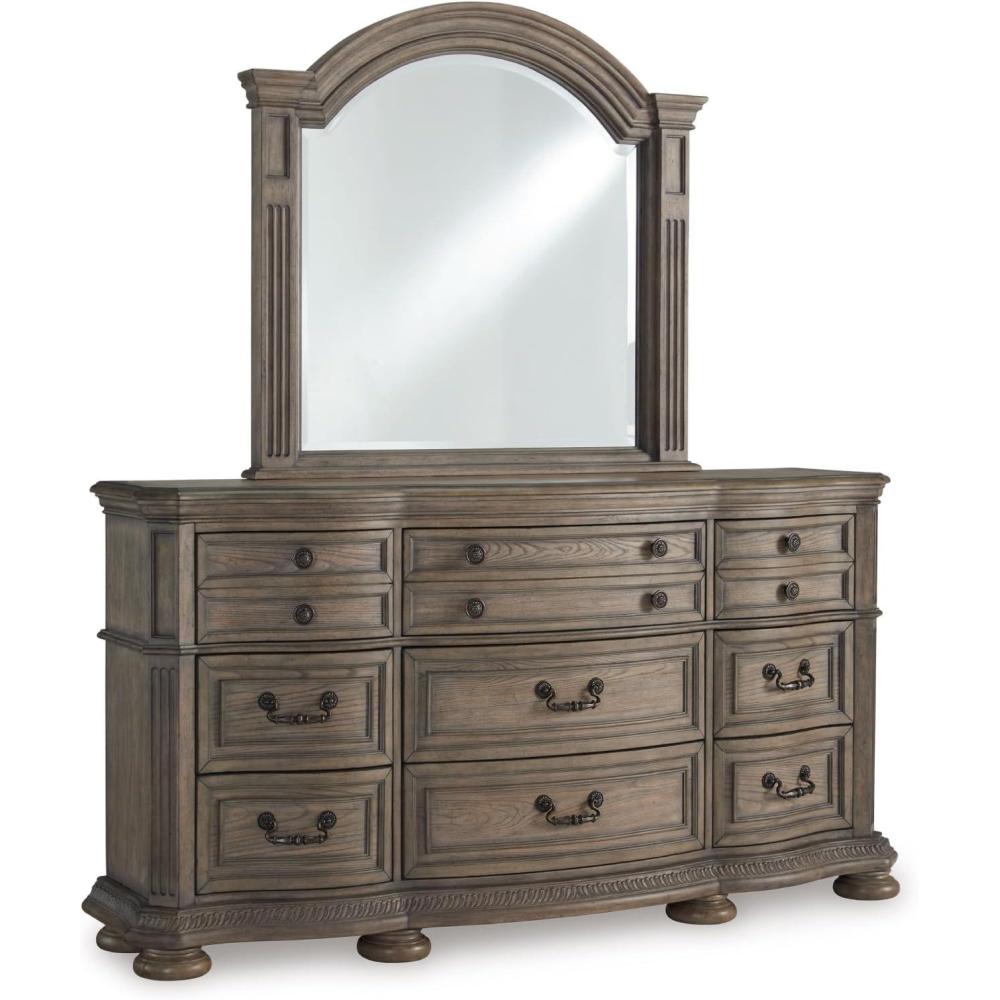 imageSignature Design by Ashley Ardenfield Traditional Tufted King Upholstered Sleigh Bed Foundation or Box Spring Needed Light Brown amp WhiteDresser and Mirror